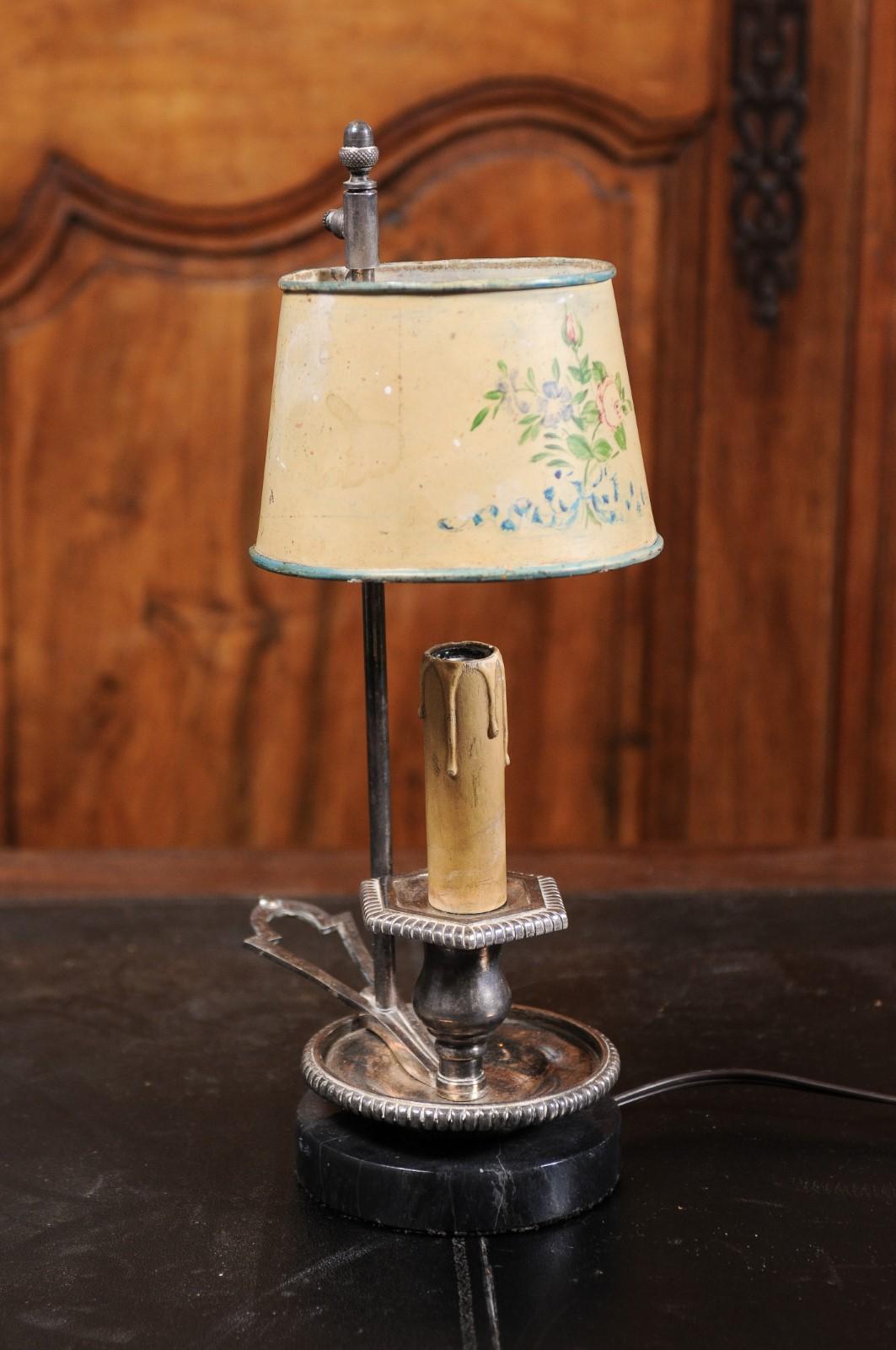 French 19th Century Tôle Lamp with Original Hand-Painted Floral Themed Shade For Sale 4