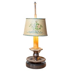 Lampe à tôle française du 19e siècle avec abat-jour original peint à la main à thème floral