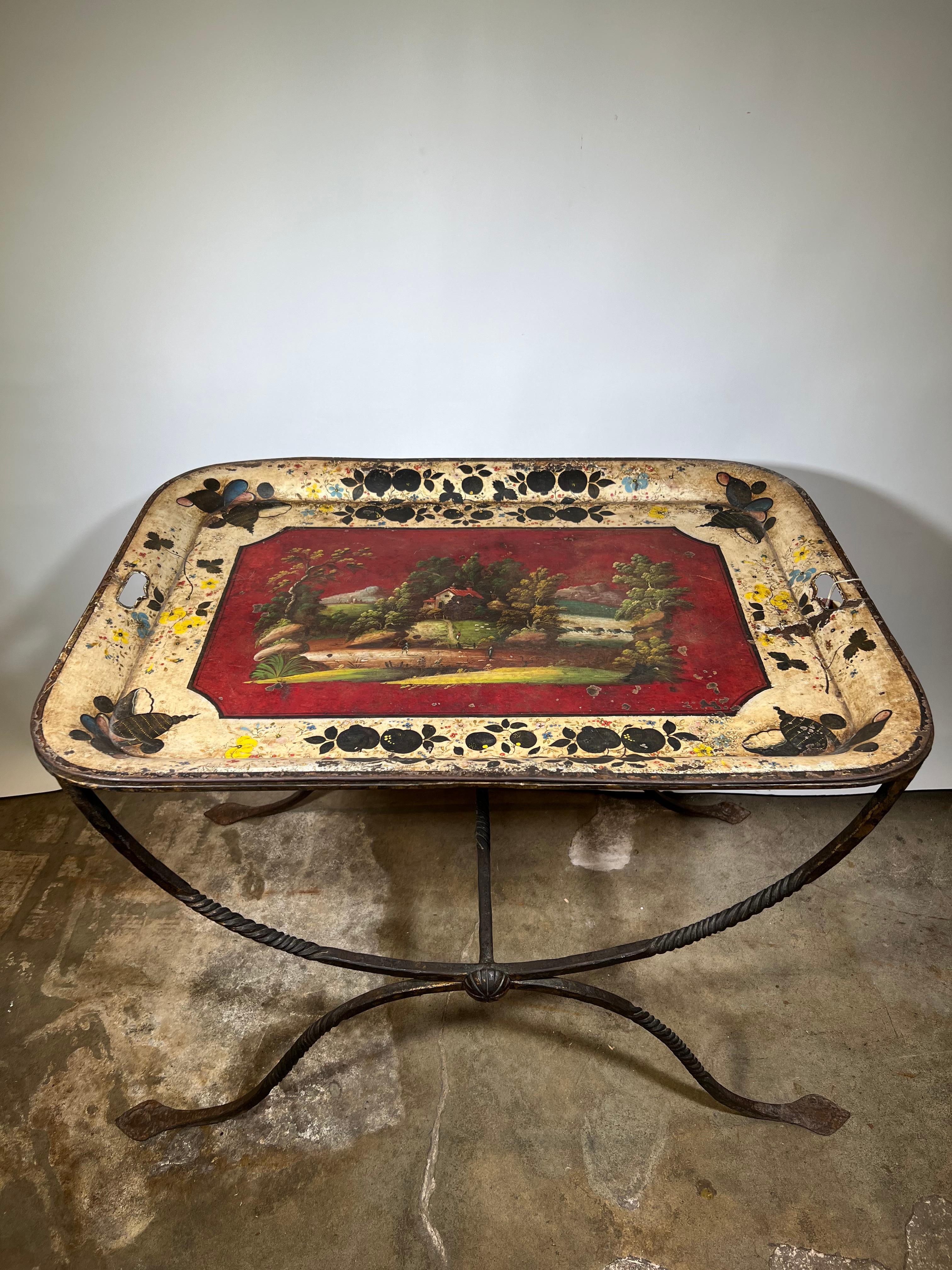 Metal French 19th Century Tole Tray Side Table For Sale