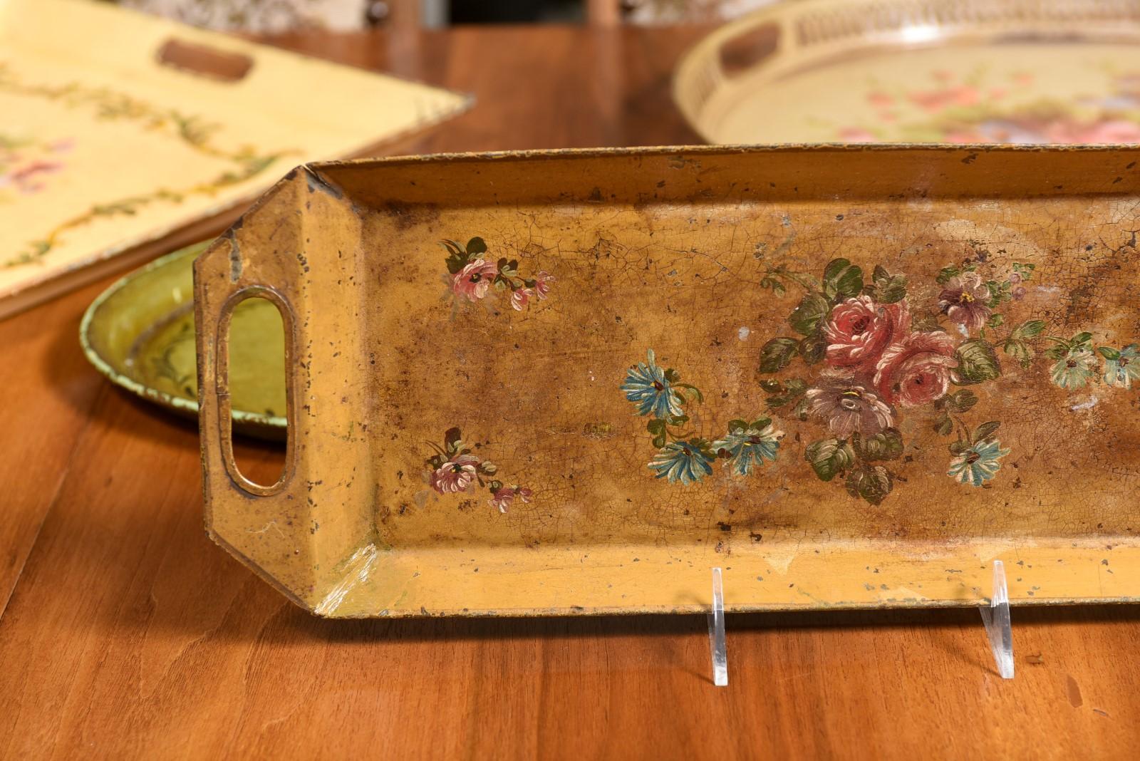 Tôle French 19th Century Tole Tray with Hand-Painted Floral Decor and Beveled Edges For Sale