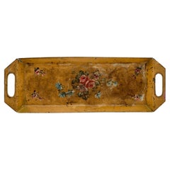 Antique French 19th Century Tole Tray with Hand-Painted Floral Decor and Beveled Edges