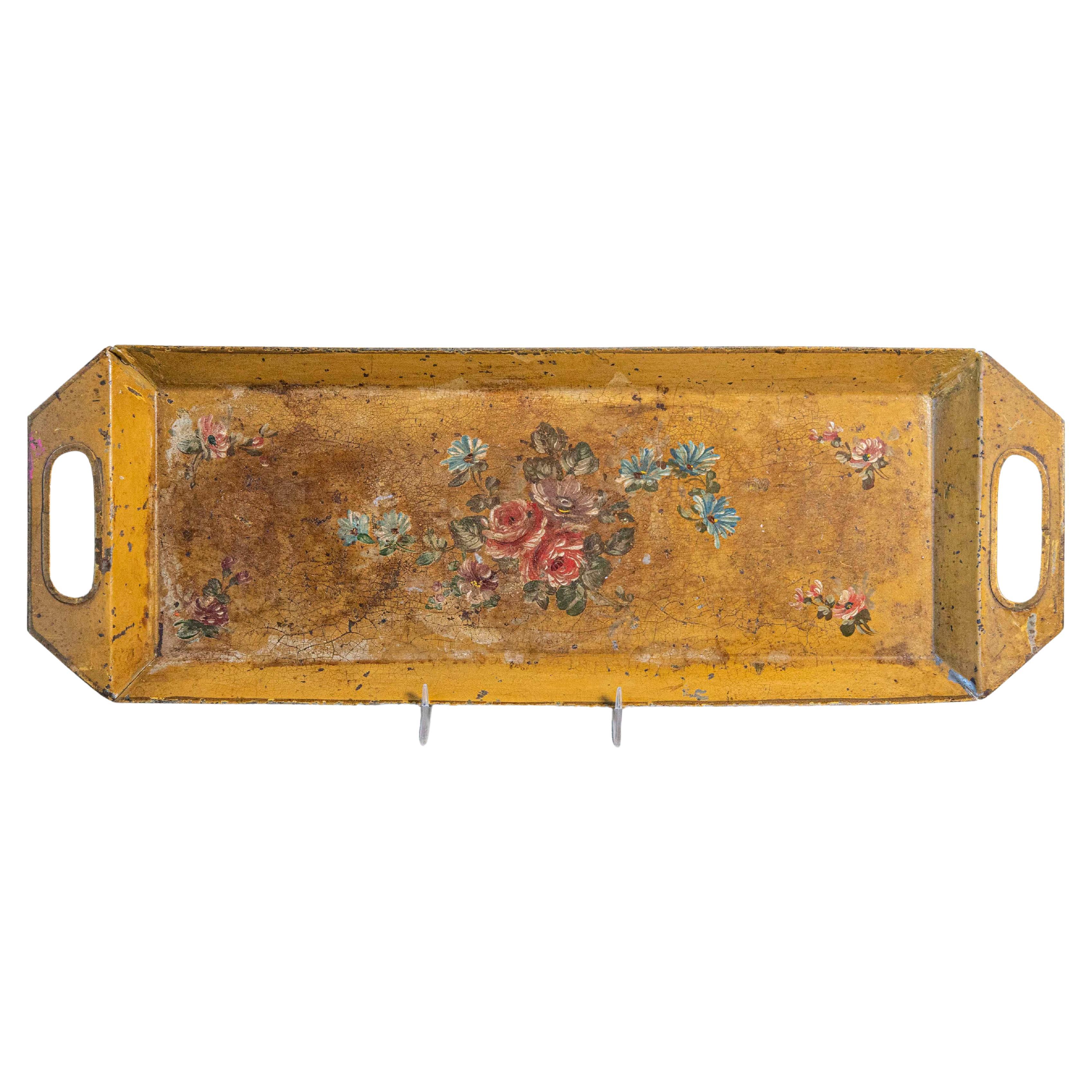 Bandeja de toldo francesa del siglo XIX con decoración floral pintada a mano y bordes biselados