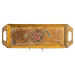 Bandeja de toldo francesa del siglo XIX con decoración floral pintada a mano y bordes biselados