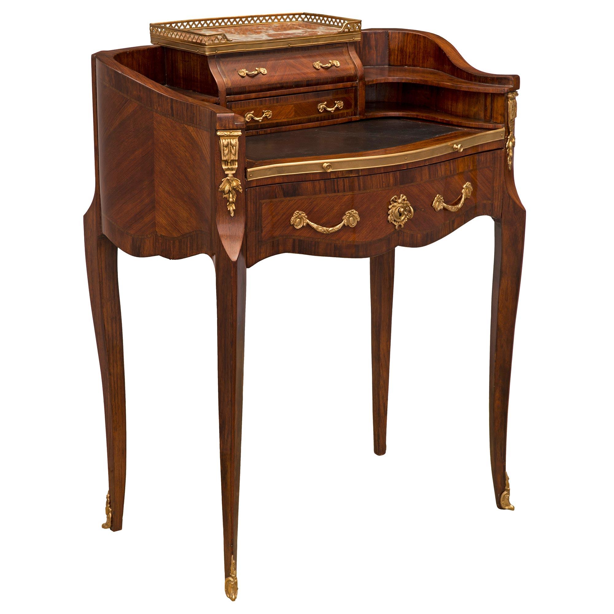 Louis XV French 19th Century Transitional St. Kingwood, Tulipwood and Ormolu Desk For Sale