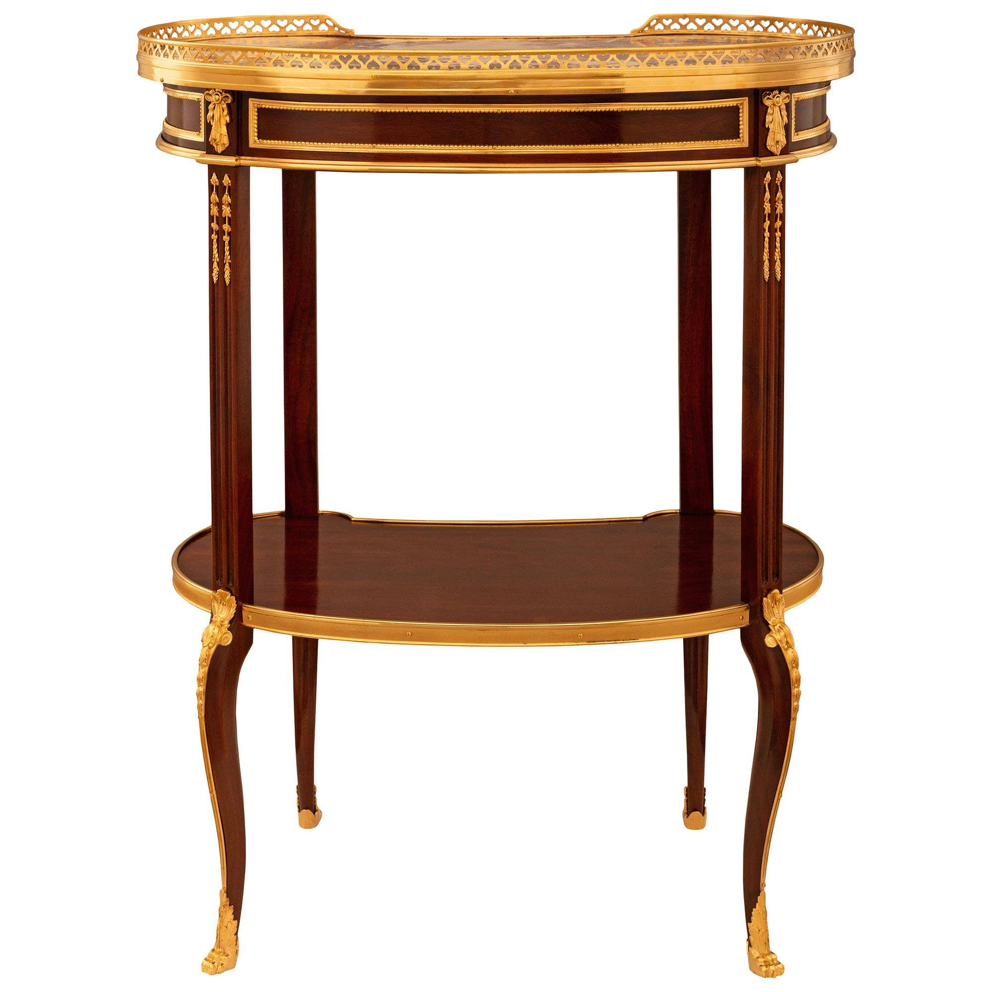 Table d'appoint française du 19ème siècle de style transitionnel en acajou, bronze doré et marbre Viola en vente 6