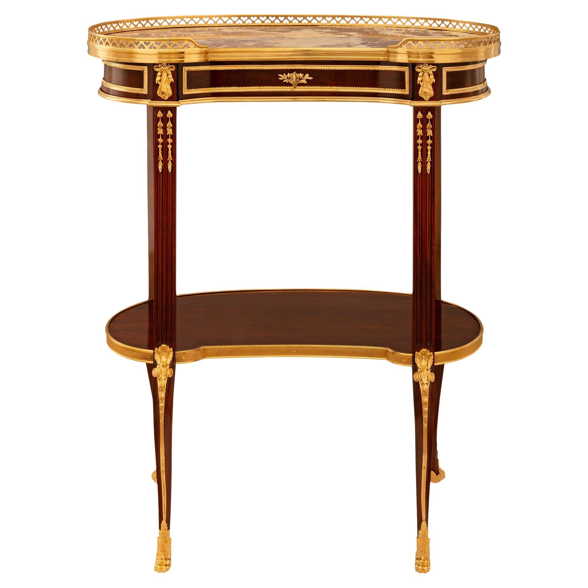 Table d'appoint française du 19ème siècle de style transitionnel en acajou, bronze doré et marbre Viola