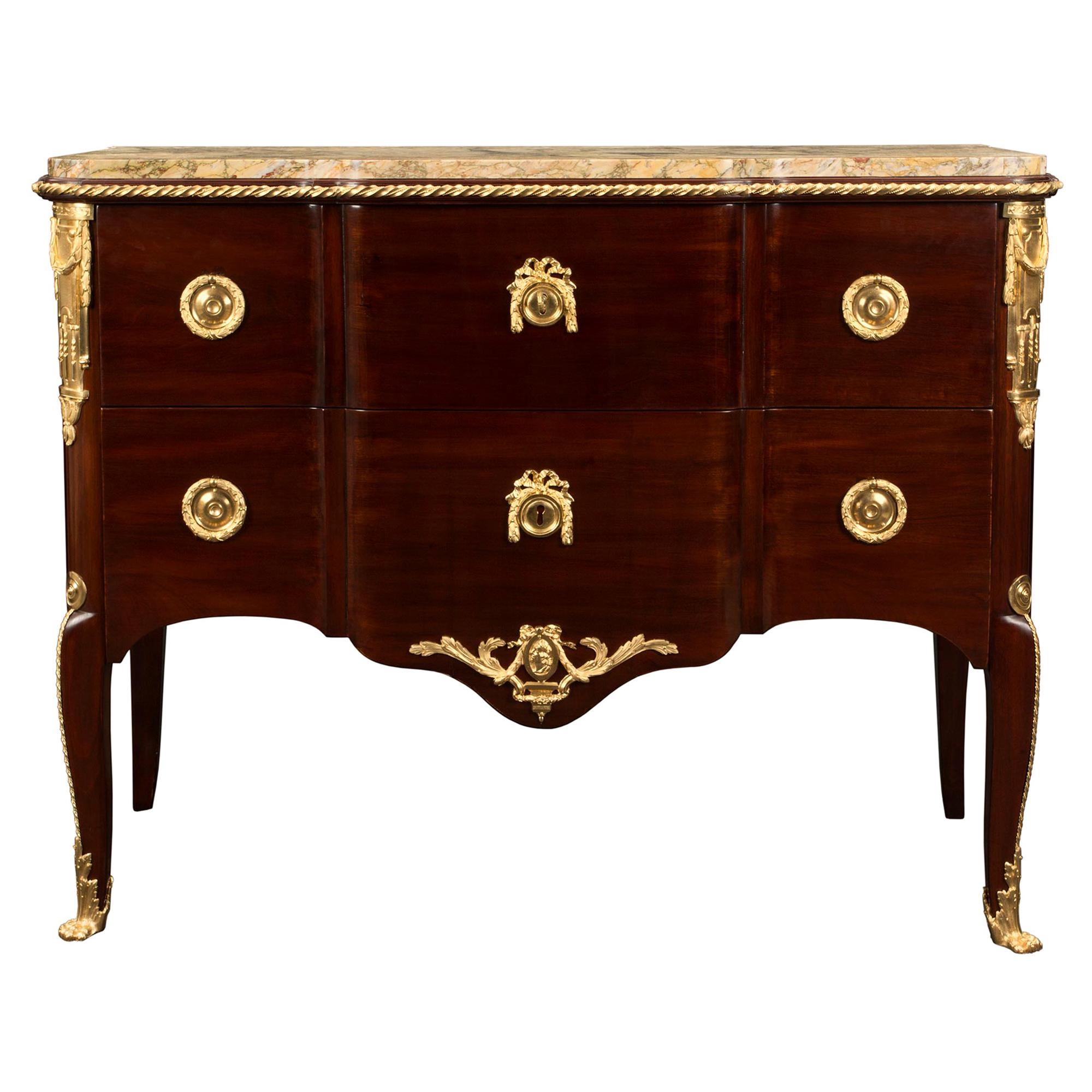 French 19th Century Transitional Style Mahogany, Marble and Ormolu Chest For Sale