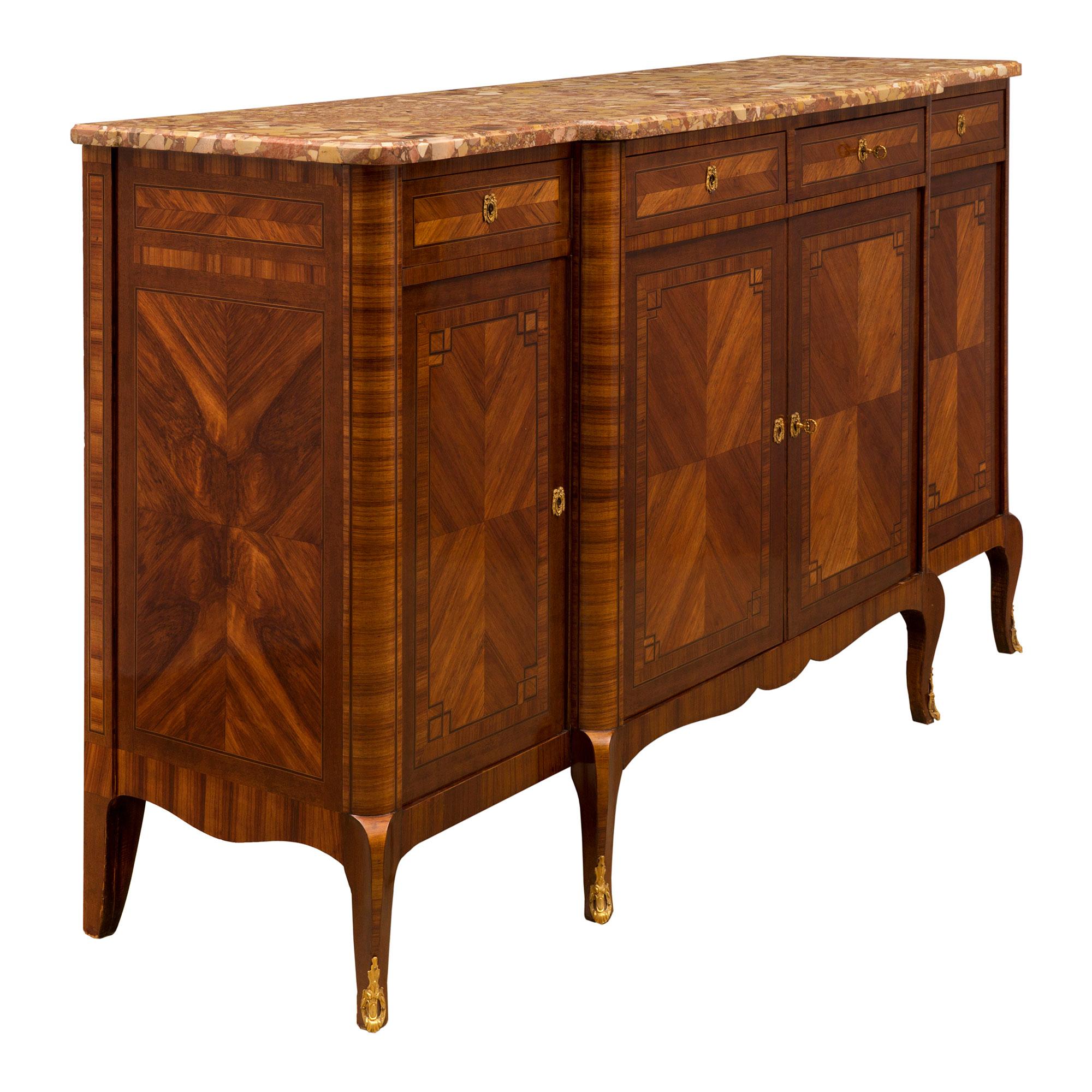 Ormolu French 19th Century Transitional Style Tulipwood, Kingwood and Marble Buffet For Sale