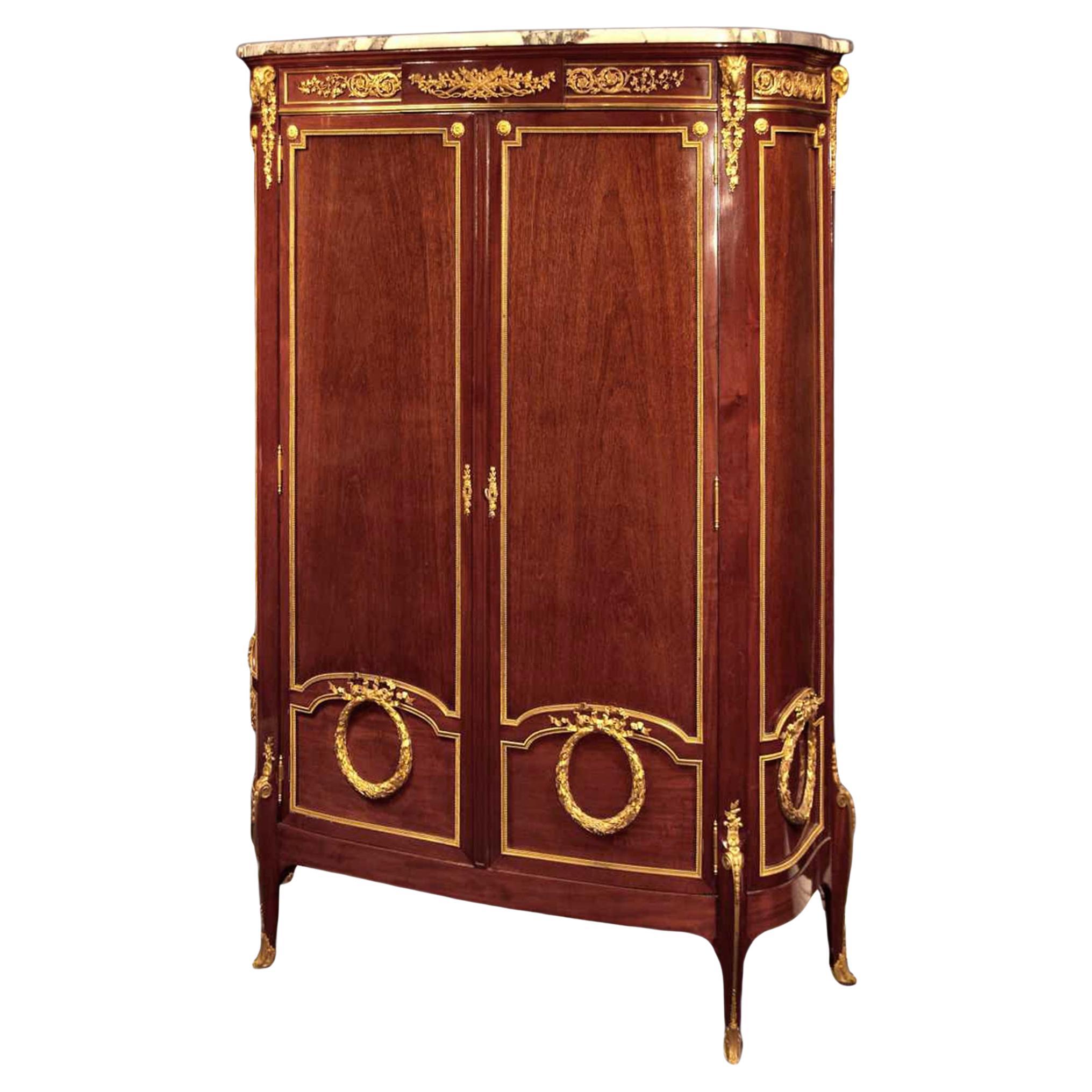 French 19th Century Transitional Style Two-Door Mahogany and Ormolu Armoire For Sale