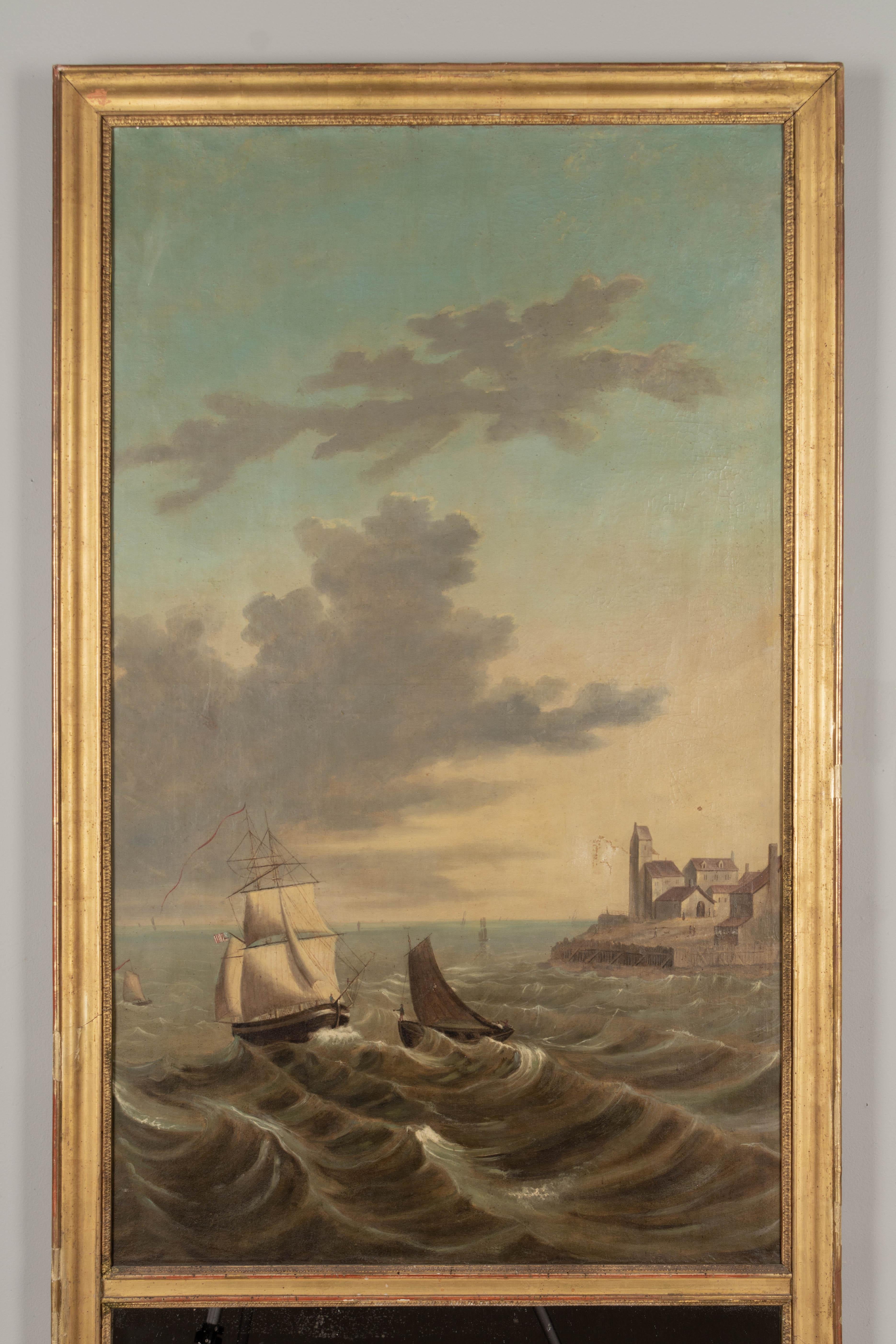Französischer Trumeau-Spiegel des 19. Jahrhunderts mit Schiffsgemälde  (Louis XV.) im Angebot
