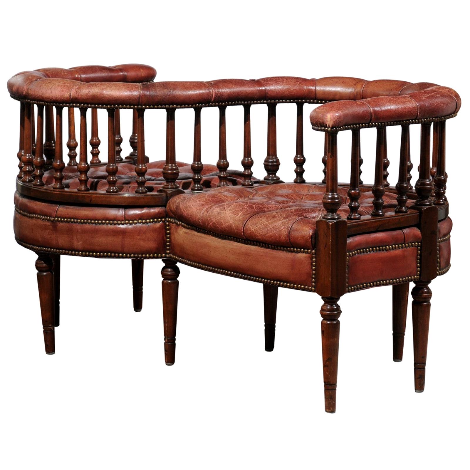 French 19th Century Tufted Leather Tête-à-Tête Conversation Bench with Nailhead