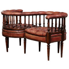 Antique French 19th Century Tufted Leather Tête-à-Tête Conversation Bench with Nailhead