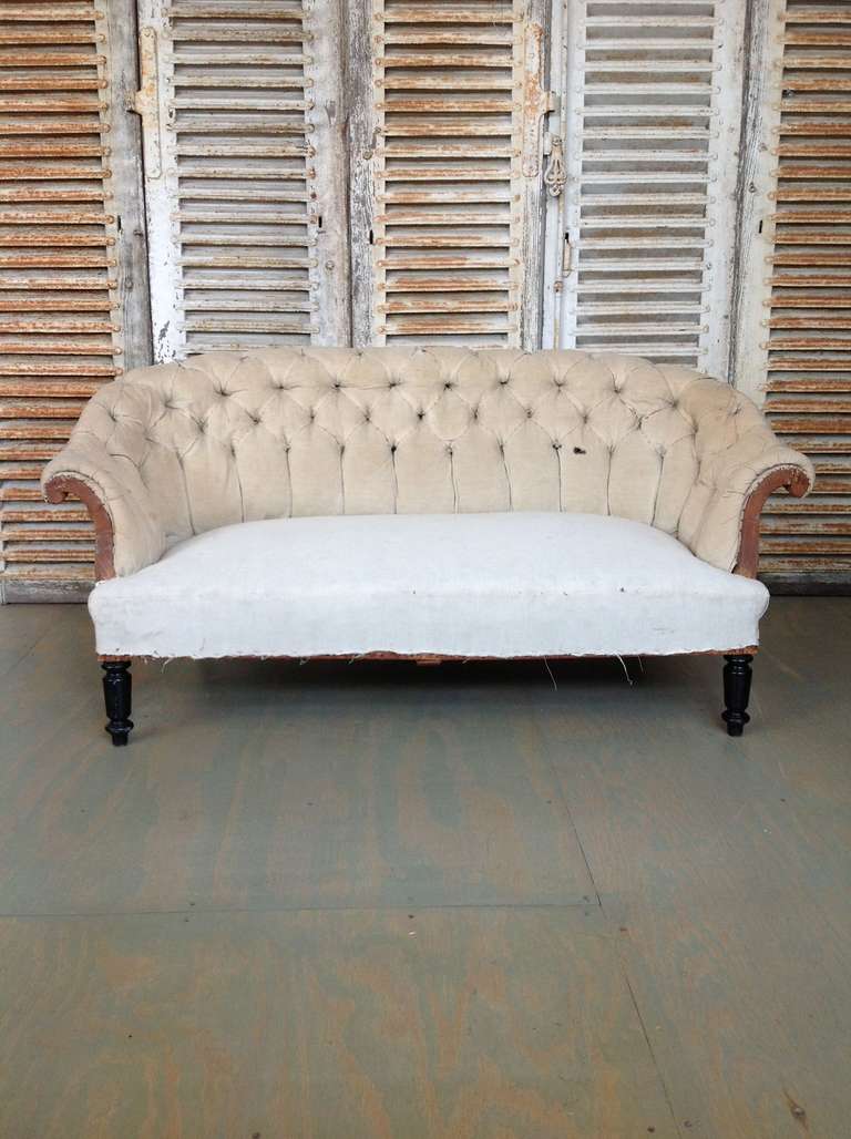 Muslin French 19th Century Tufted Sofa with Rolled Arms and Back