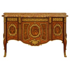 French 19th century Tulipwood, Kingwood, Ormolu and Breche D'Alep marble commode