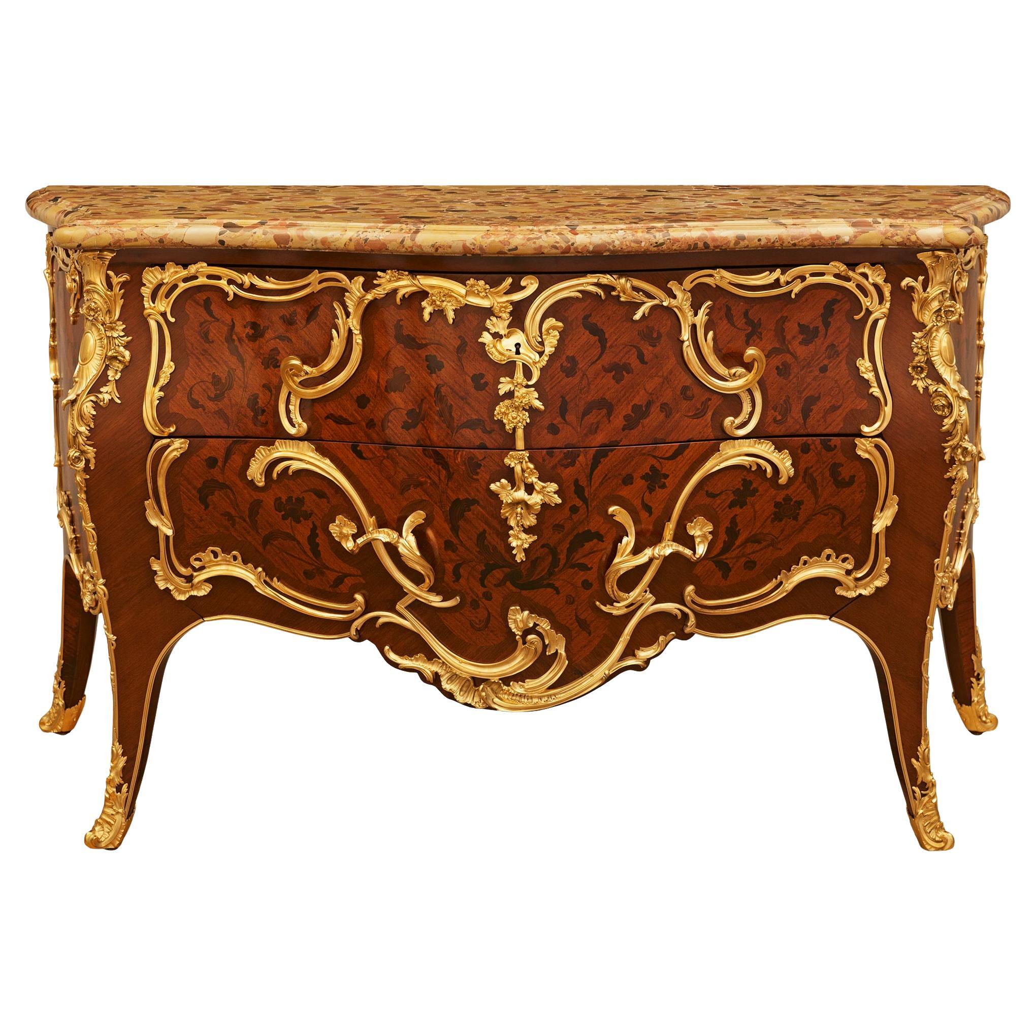 French 19th century Tulipwood, Kingwood, Ormolu and marble chest, signed Durand