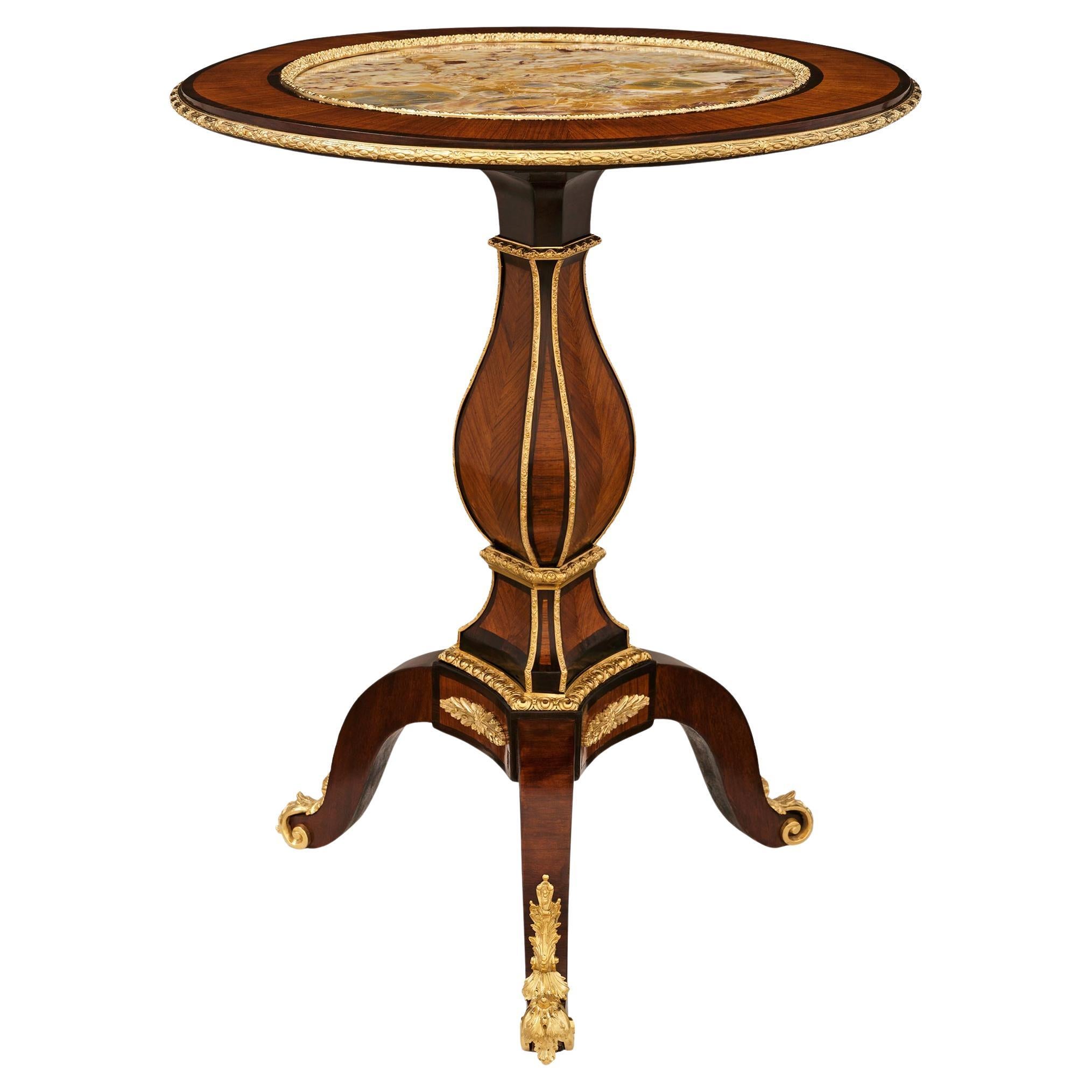 French 19th century Tulipwood, Kingwood, Ormolu and marble tilt top side table