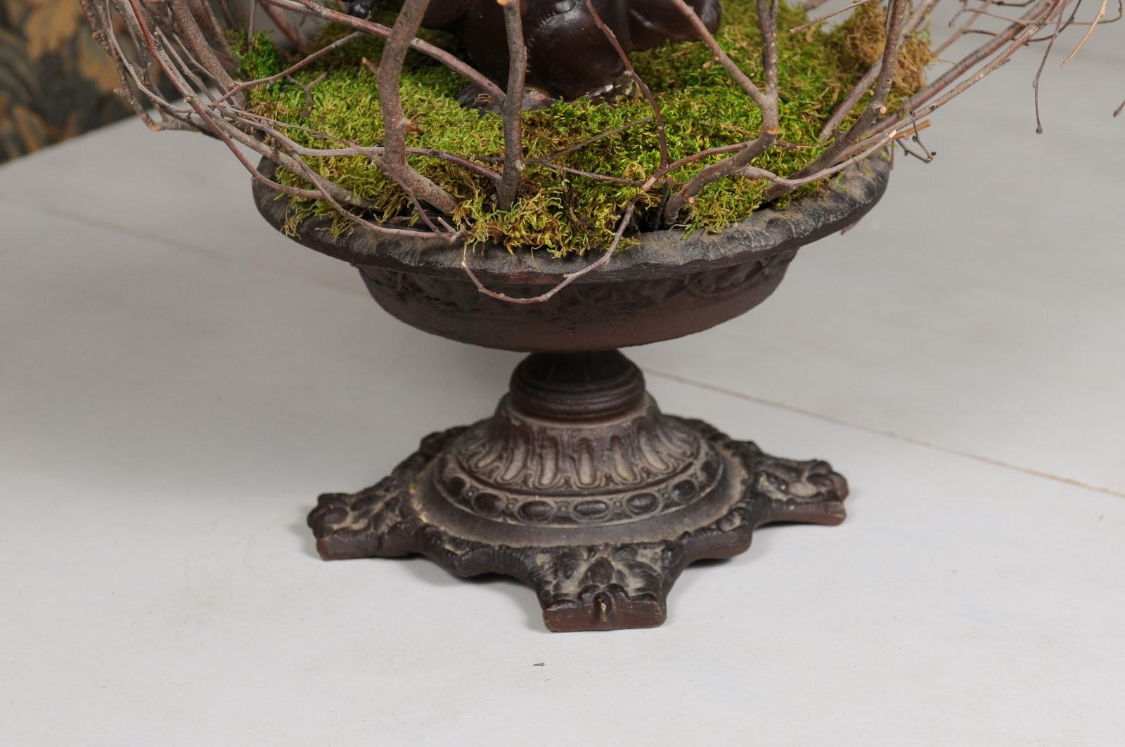 French 19th Century Twig Sculpture with Two Bunnies and Circular Iron Base For Sale 8