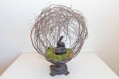 French 19th Century Twig Sculpture with Two Bunnies and Circular Iron Base