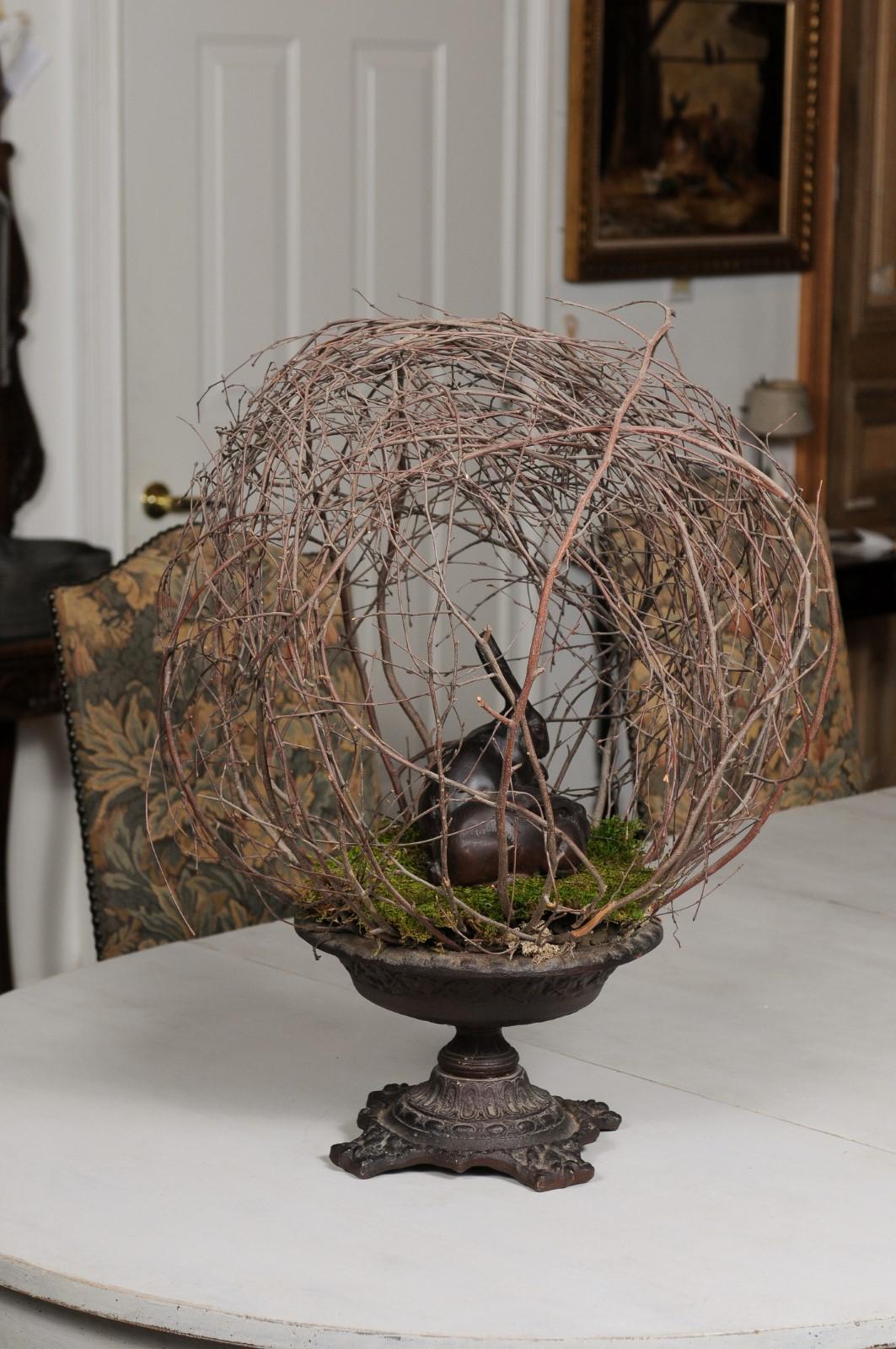 French 19th Century Twig Sculpture with Two Bunnies and Circular Iron Base For Sale 4