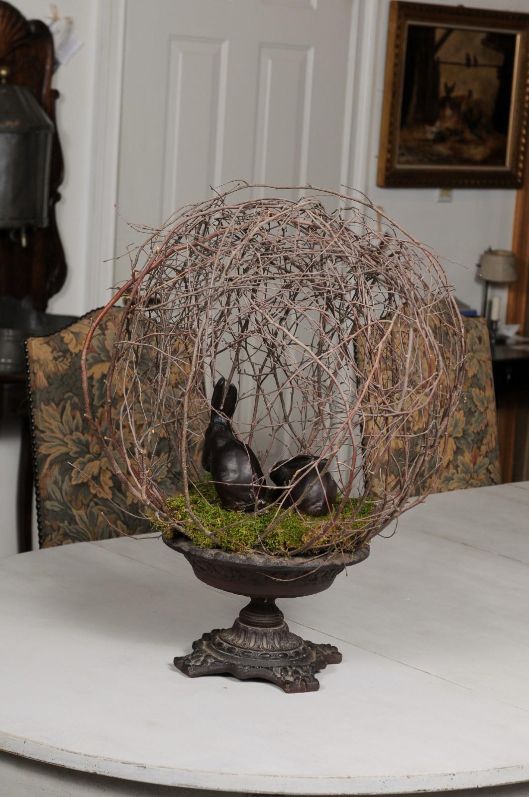 French 19th Century Twig Sculpture with Two Bunnies and Circular Iron Base For Sale 6