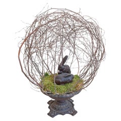 French 19th Century Twig Sculpture with Two Bunnies and Circular Iron Base