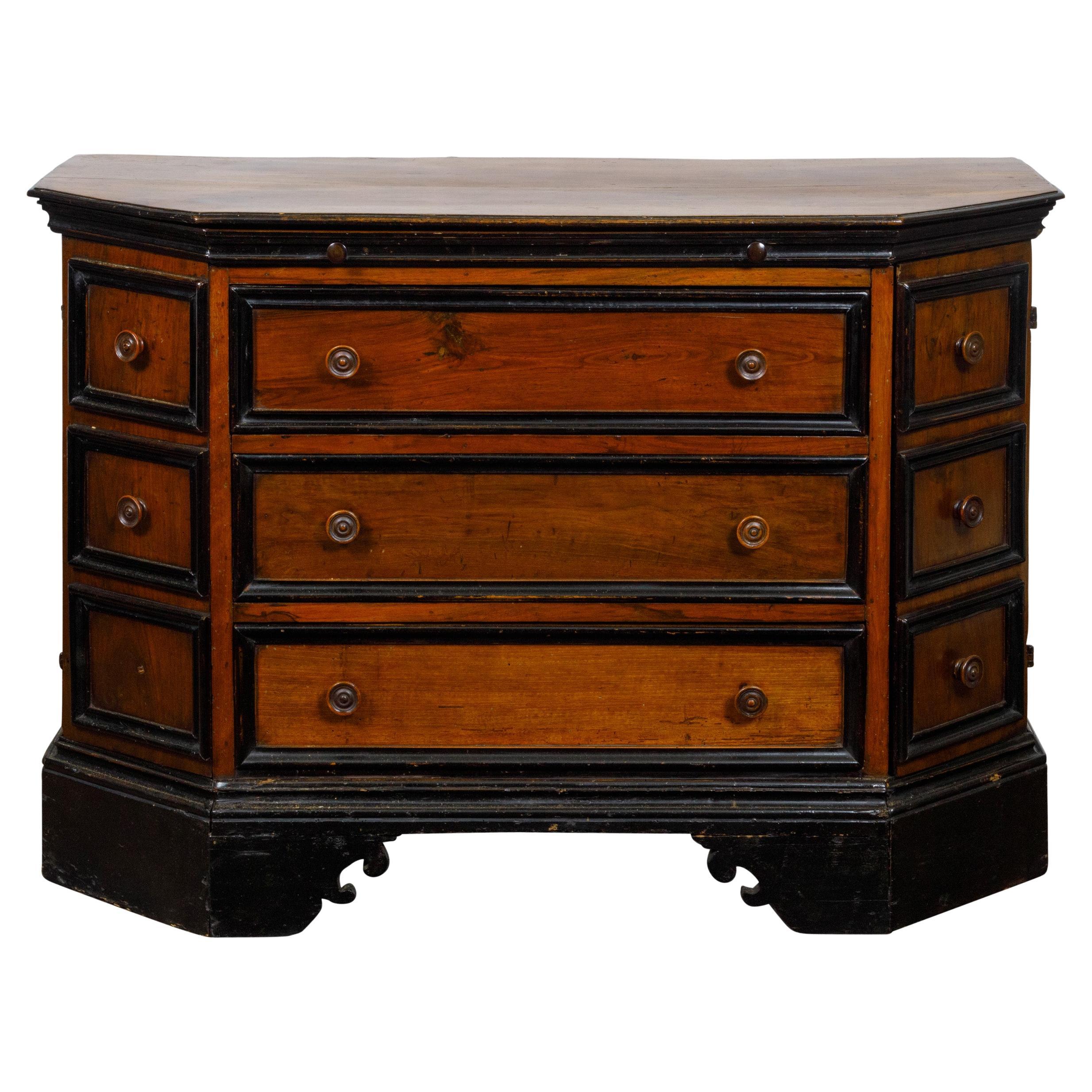 French 19th Century Two Toned Walnut Dresser with Canted Sides and Doors For Sale