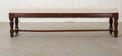 French 19th Century Upholstered Oak Bench with Stretcher