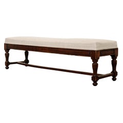 French 19th Century Upholstered Oak Bench with Stretcher