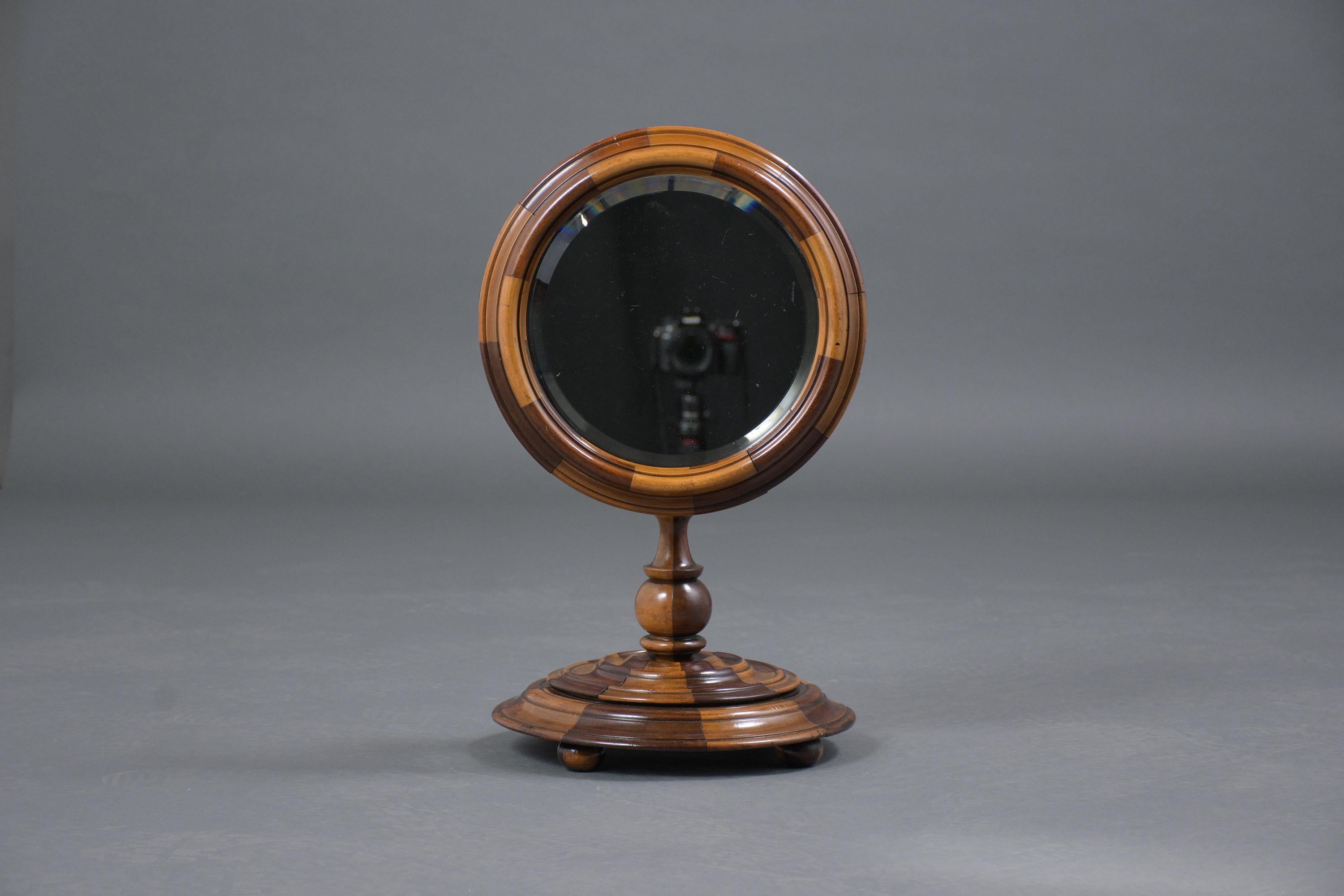 An extraordinary late 19th-century vanity mirror is beautifully crafted out of walnut wood this fabulous piece features a bevel circular swivel mirror fully reflective sunrise veneered design finished in walnut color just waxed and polished
