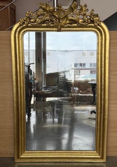 French 19th Century Vertical Gold Gilt Mirror with Floral crest