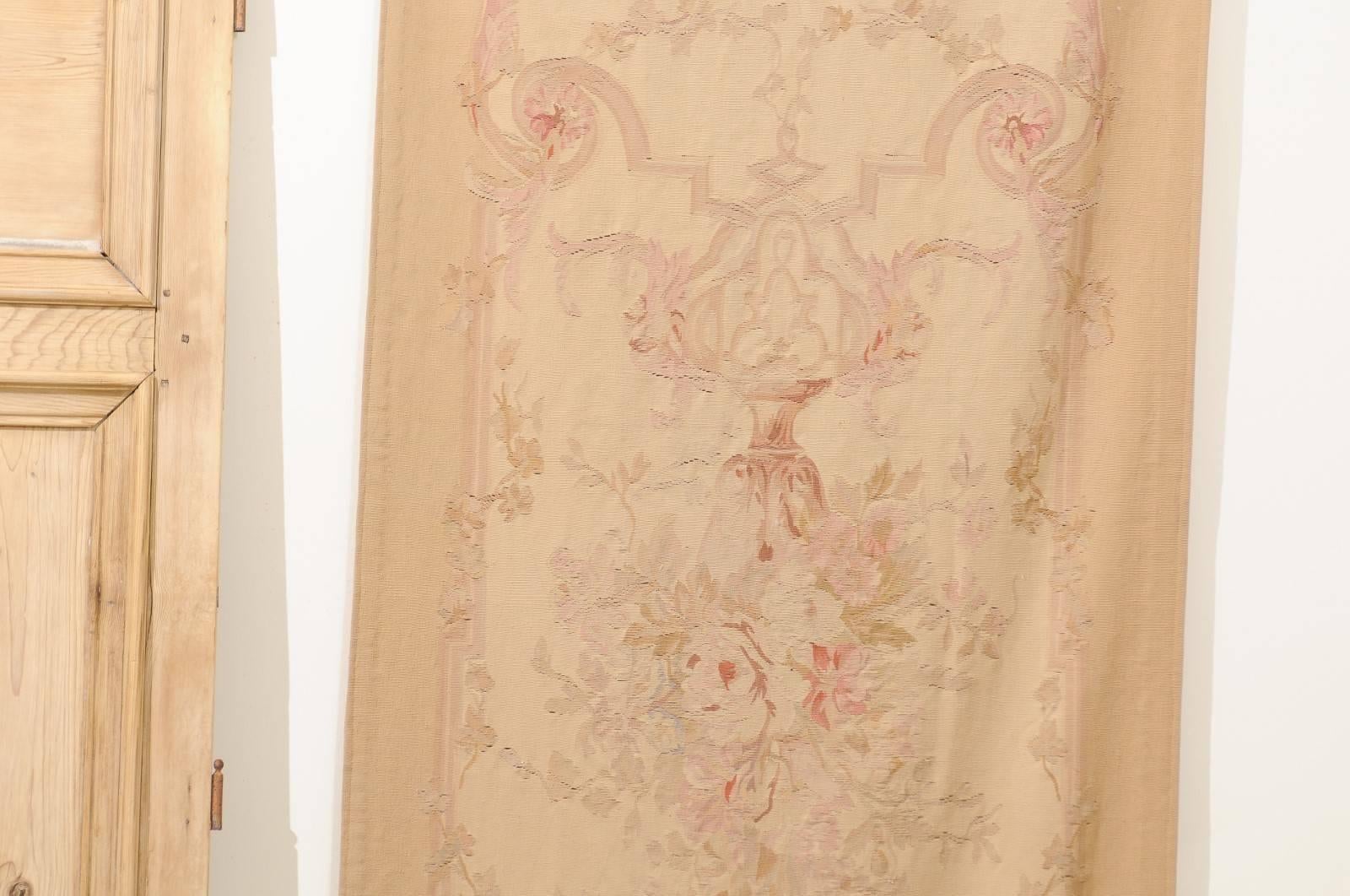 French 19th Century Vertical Hand-Woven Tapestry with Floral Décor and Volutes For Sale 1