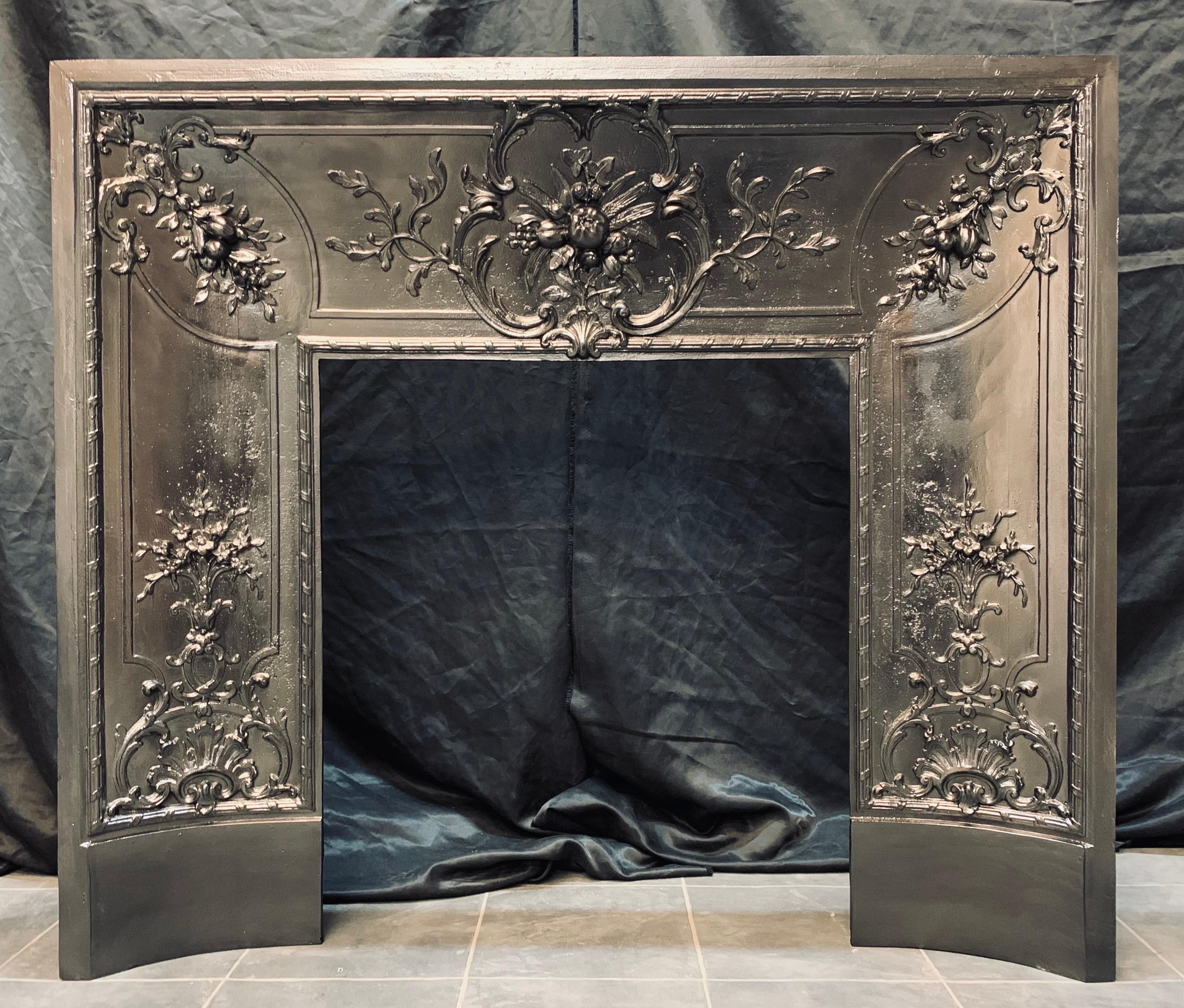A large French 19th Century Cast Iron fireplace insert. An outer flange border, with concave returns with high relief cast embellishments showing wonderful examples of foliage and fruit, set within framed borders, a generous internal fire opening