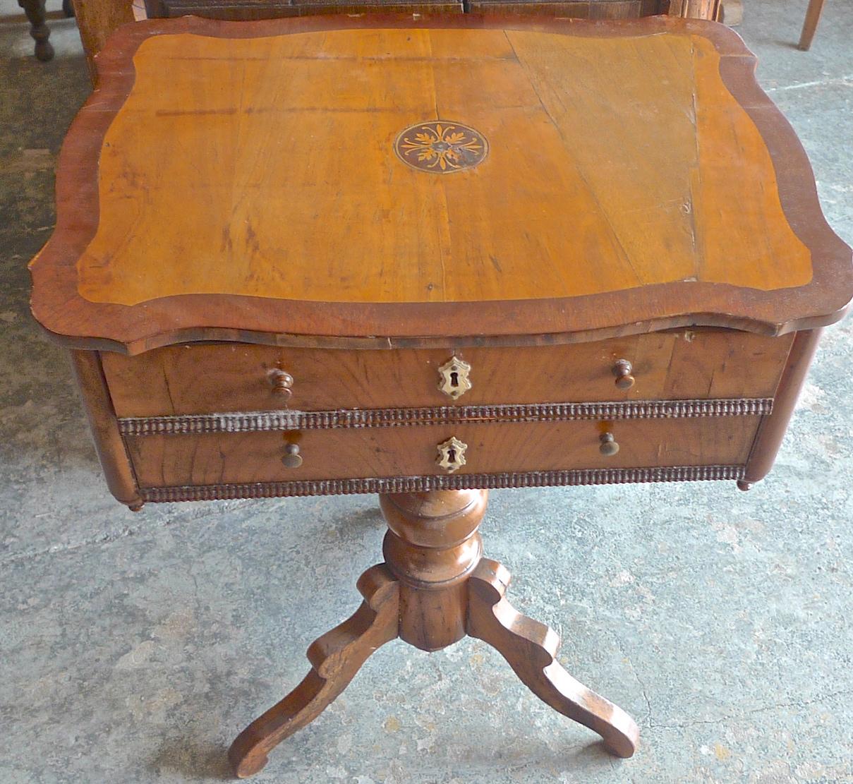 Hand-Carved French 19th Century Walnut 2-Drawer Sewing Table with Inlay Top and 2 Drawers