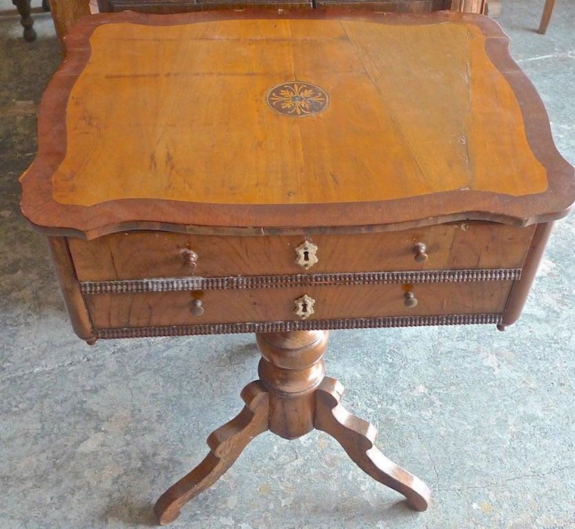 Hand-Carved French 19th Century Walnut 2-Drawer Sewing Table with Inlay Top and 2 Drawers For Sale