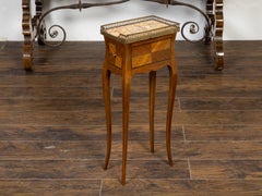 French 19th Century Walnut Accent Table with Stone Top and Narrow Drawer