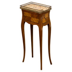 French 19th Century Walnut Accent Table with Stone Top and Narrow Drawer