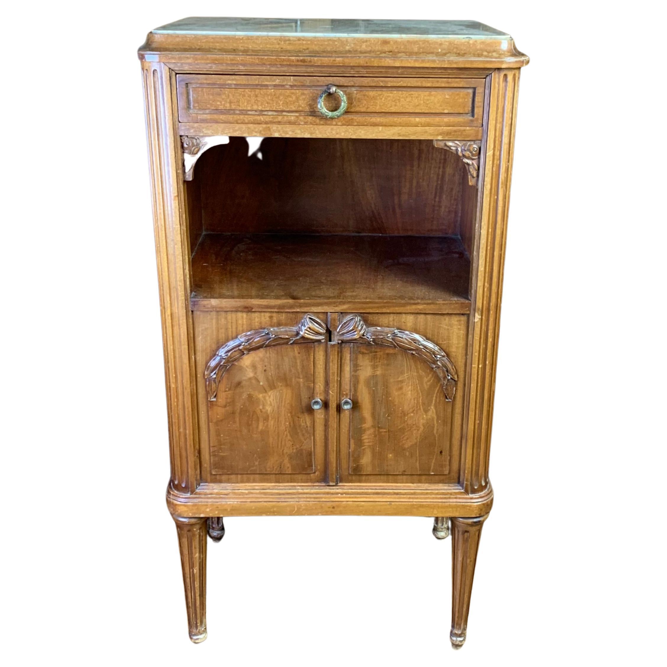 French 19th Century Walnut Bedside Cabinet / Table Lined in Marble