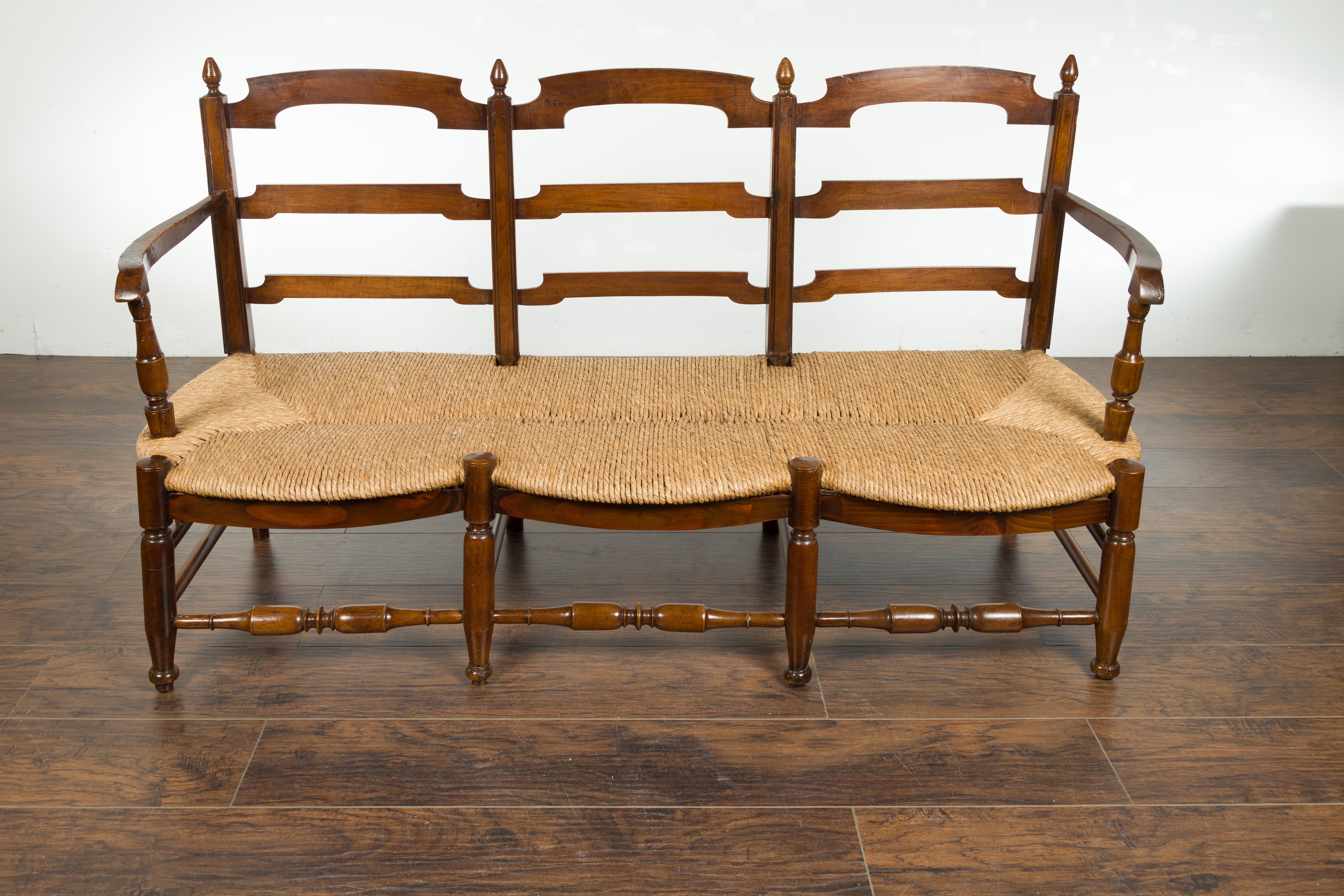 French 19th Century Walnut Bench with Open Ladder Style Back and Rush Seat 3
