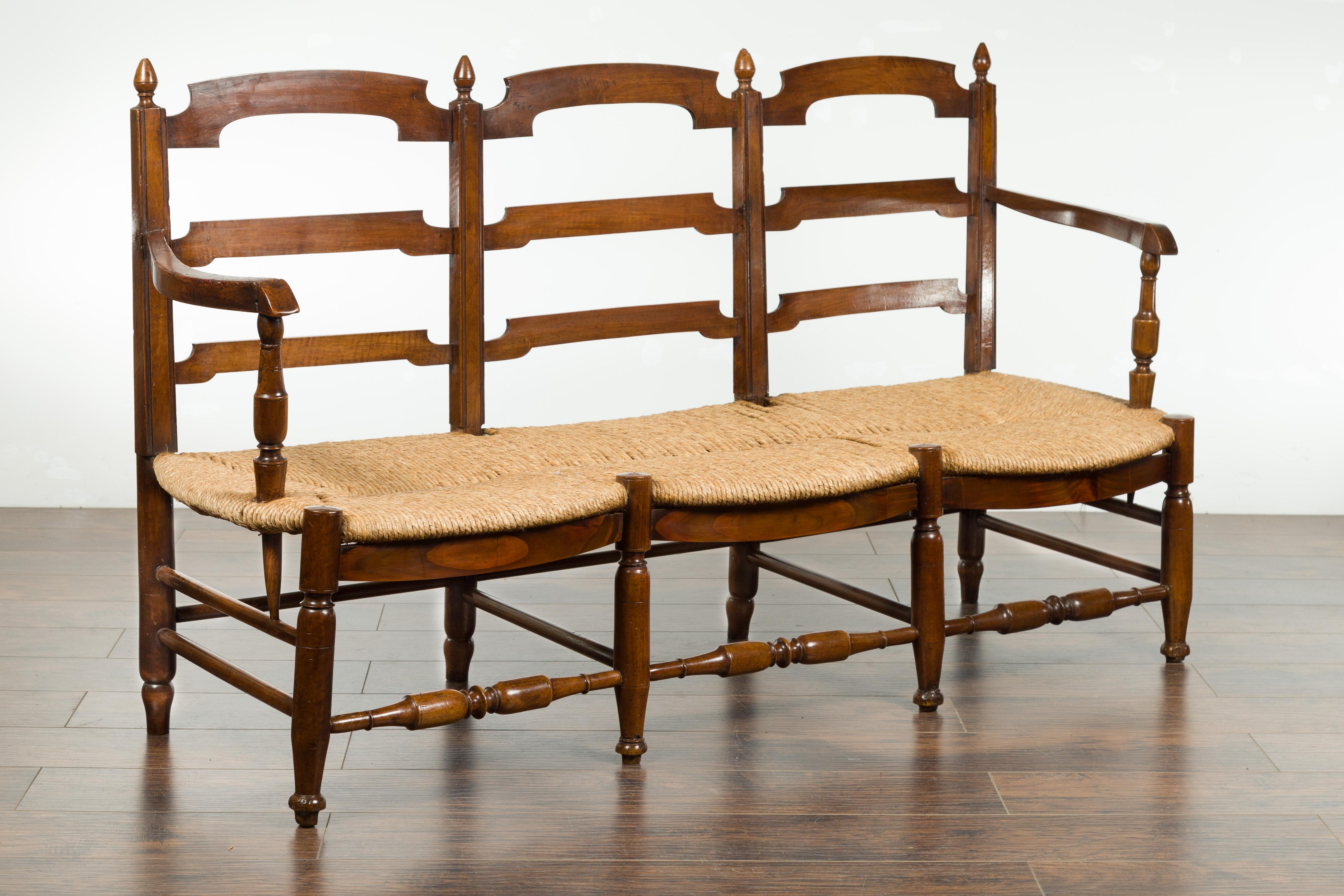 French 19th Century Walnut Bench with Open Ladder Style Back and Rush Seat 4