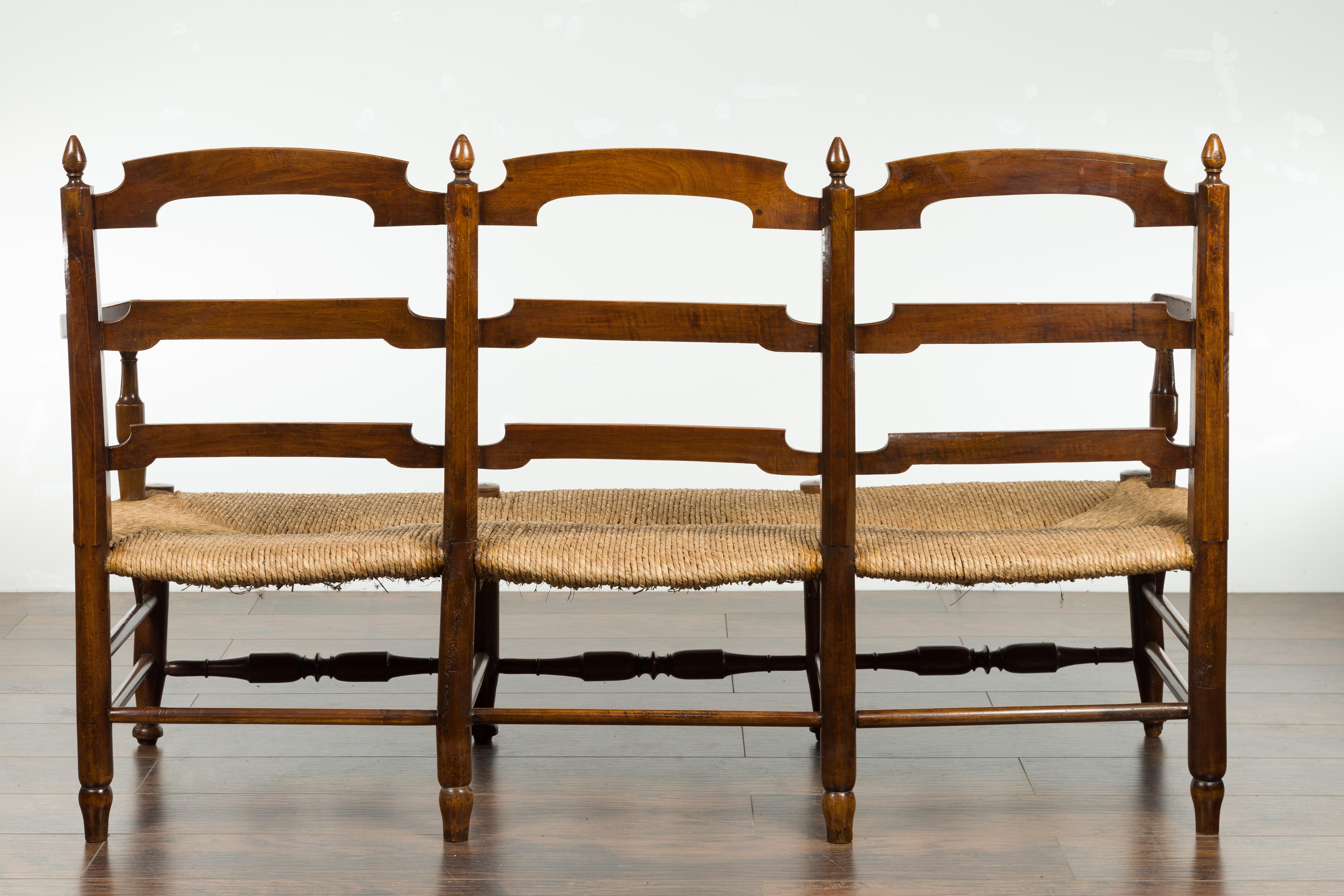 French 19th Century Walnut Bench with Open Ladder Style Back and Rush Seat 7