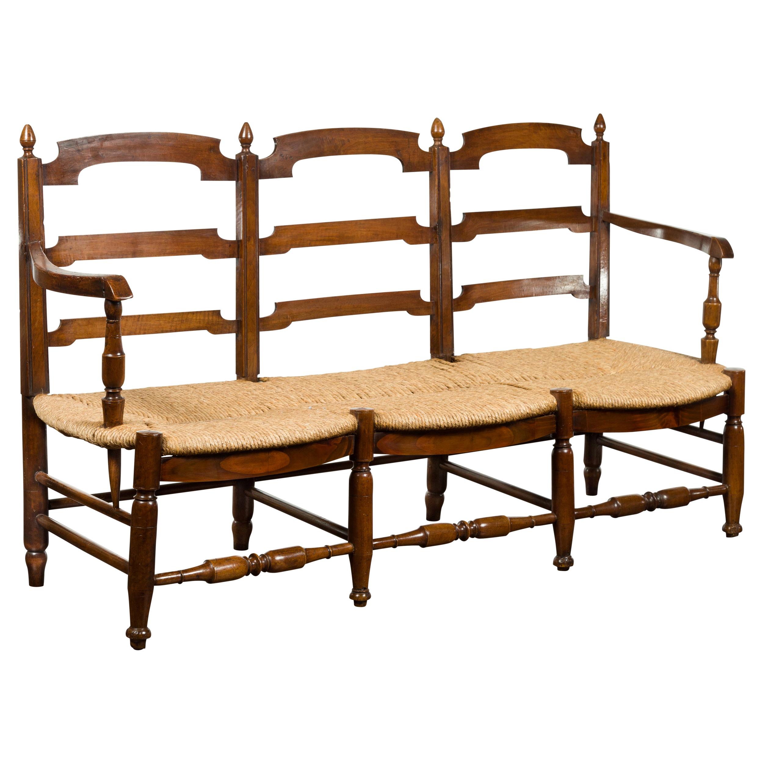 French 19th Century Walnut Bench with Open Ladder Style Back and Rush Seat