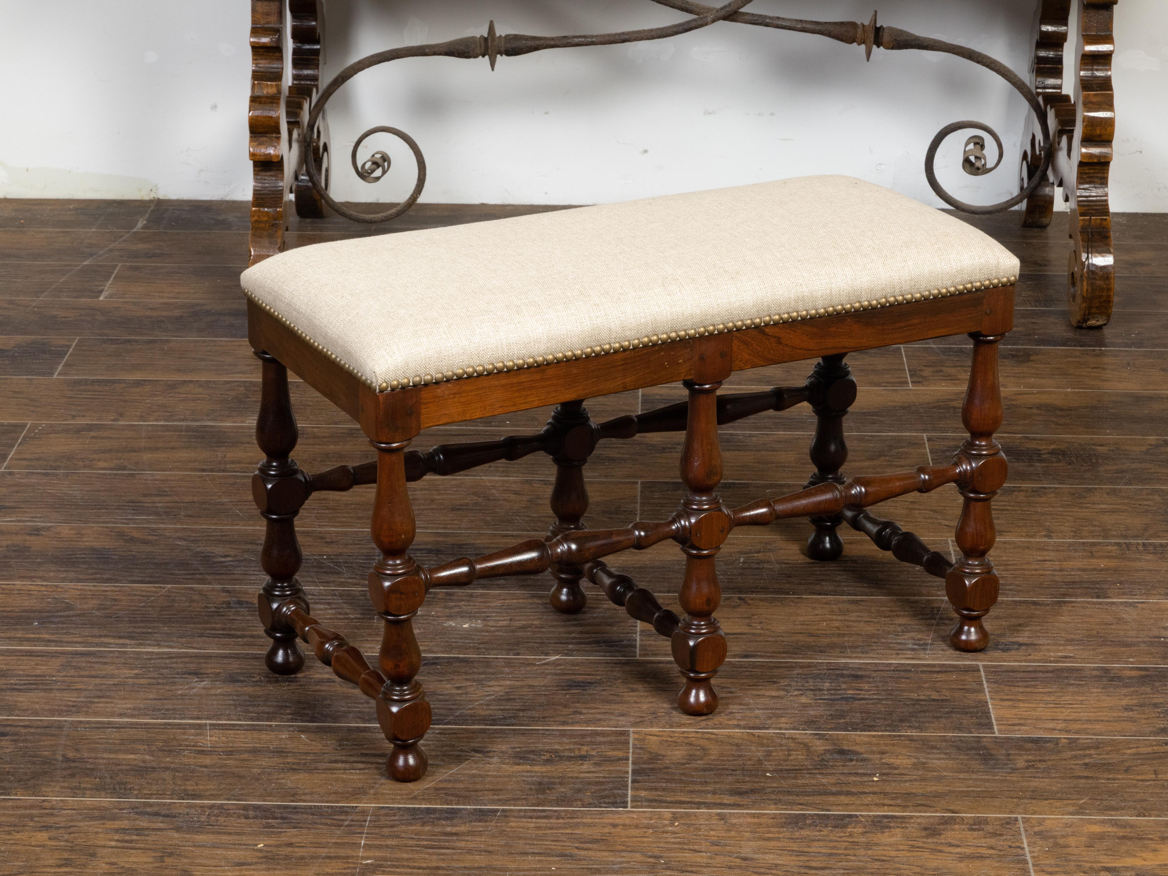 French 19th Century Walnut Bench with Turned Legs and Linen Upholstery In Good Condition In Atlanta, GA