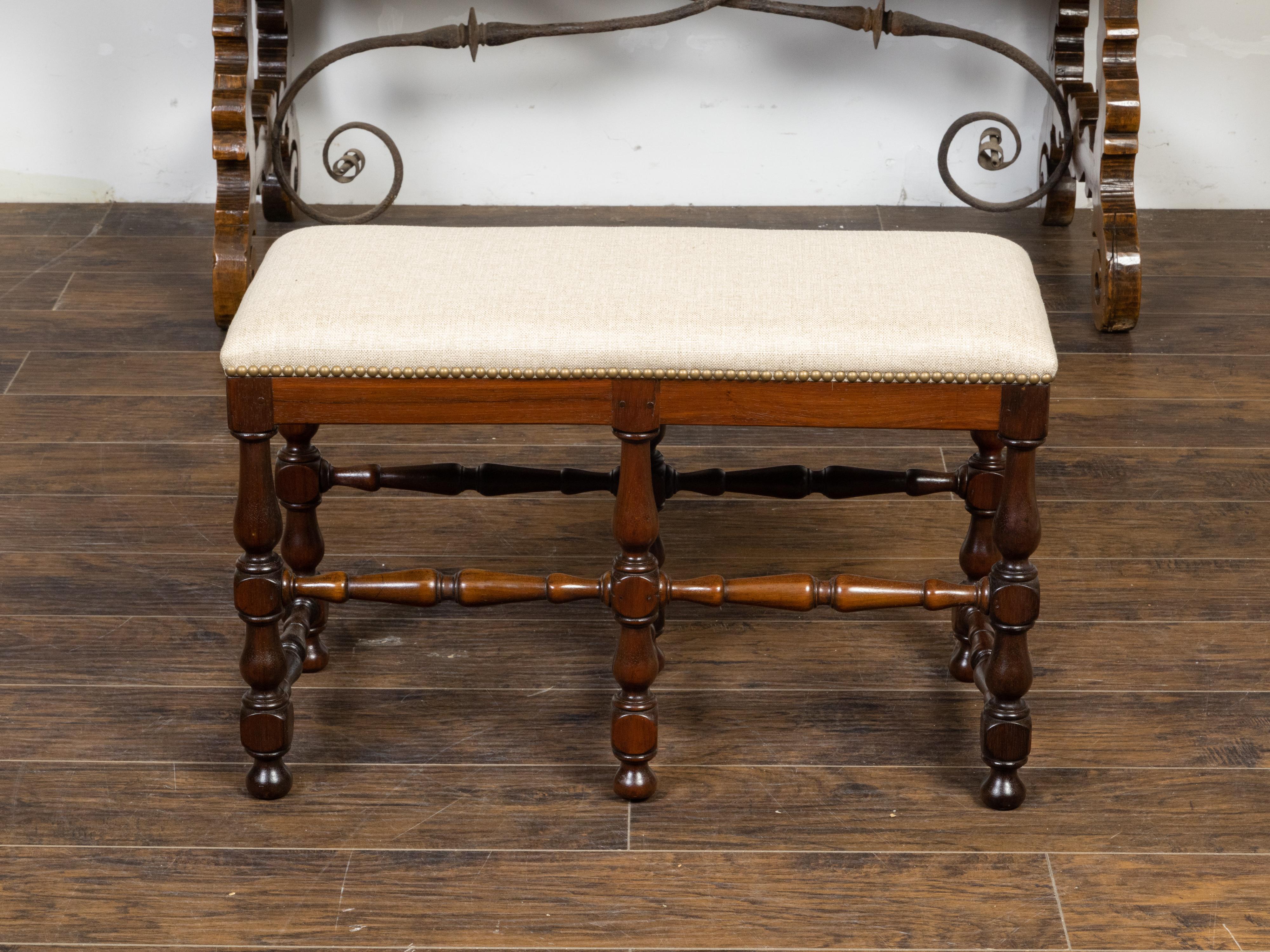 French 19th Century Walnut Bench with Turned Legs and Linen Upholstery 1