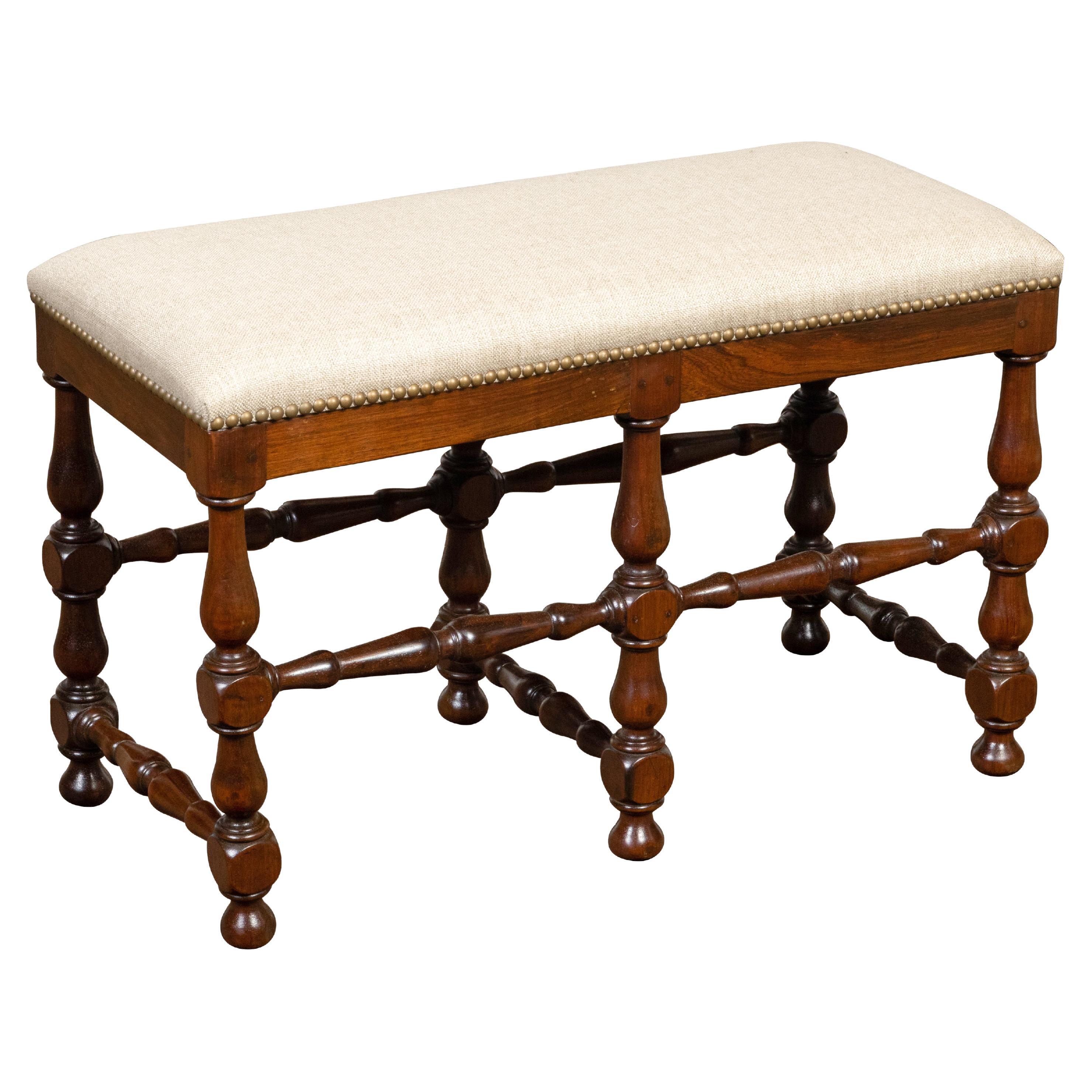 French 19th Century Walnut Bench with Turned Legs and Linen Upholstery