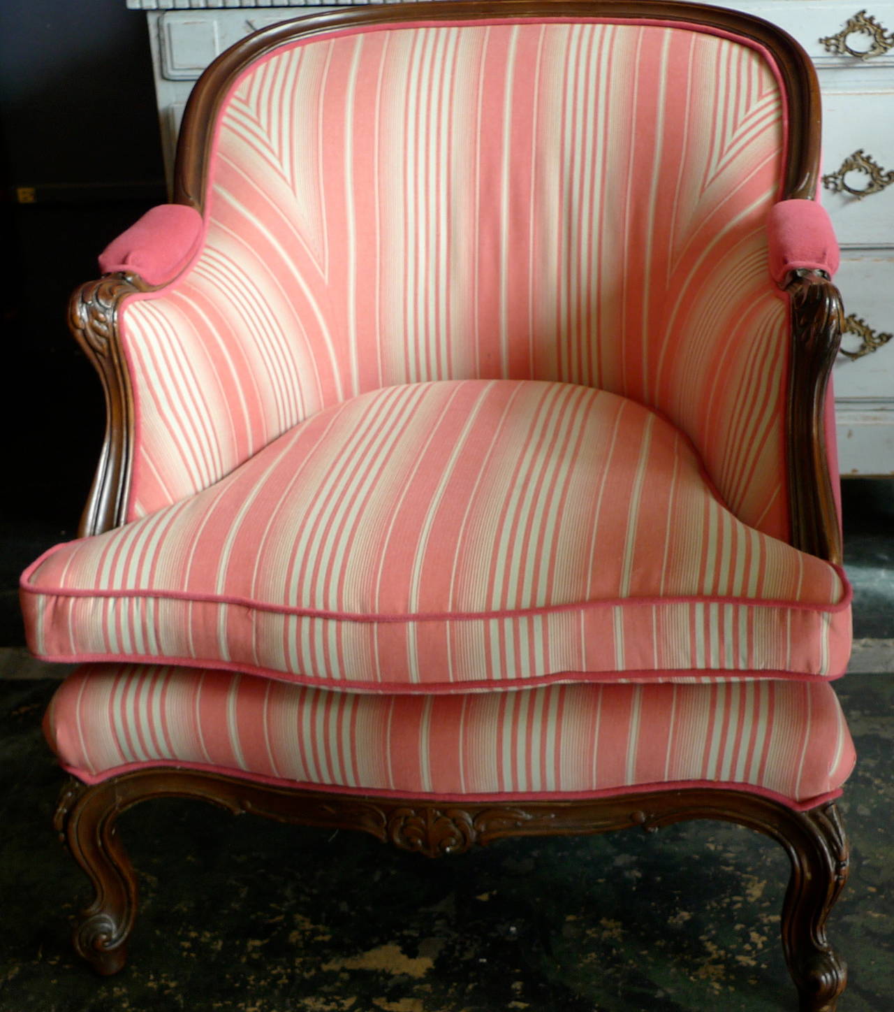 Stained French 19th Century Walnut Bergère Chair Re-Upholstered with New Fabric