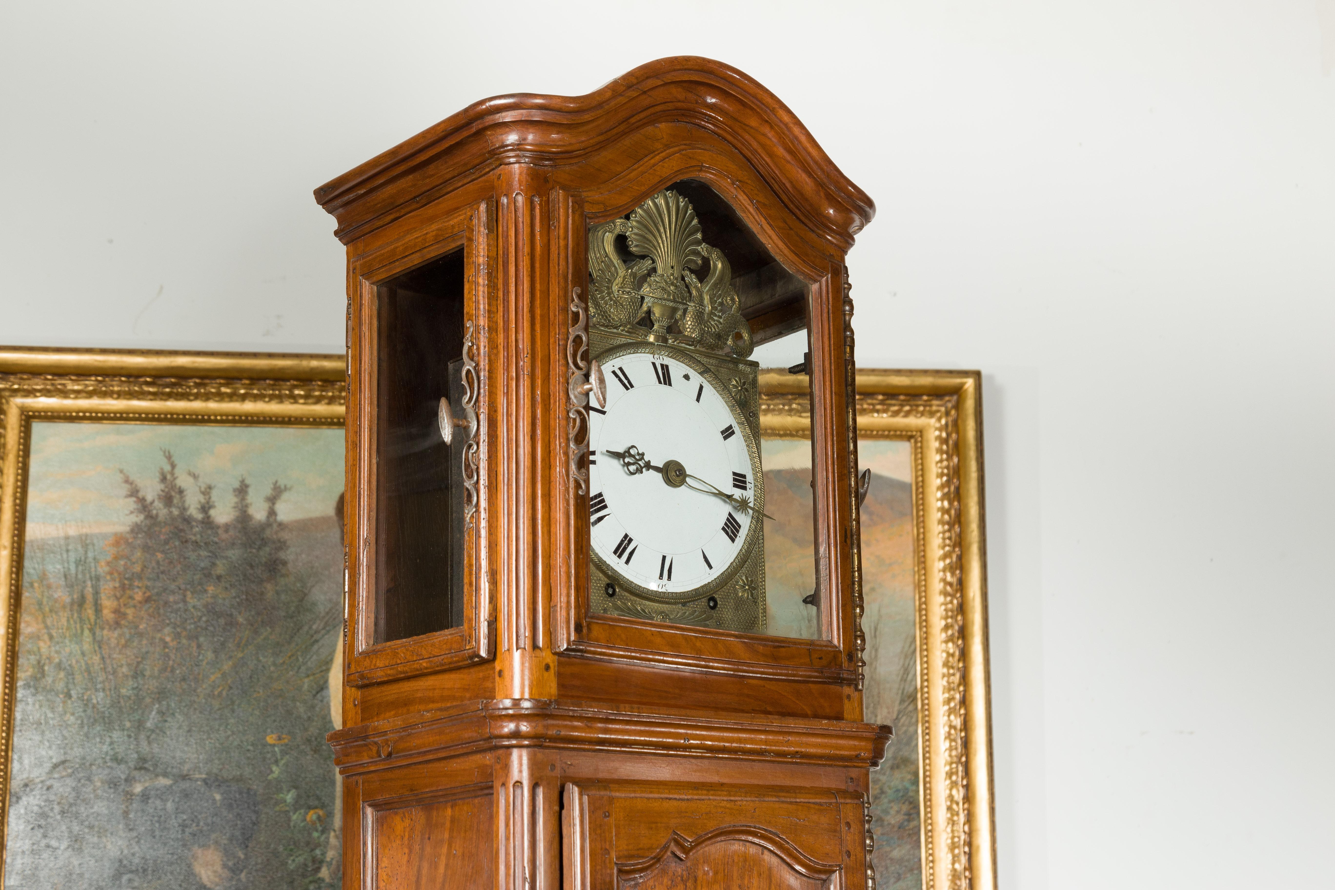 French 19th Century Walnut Bonnet Top Grandfather Clock with Griffin Motifs 10