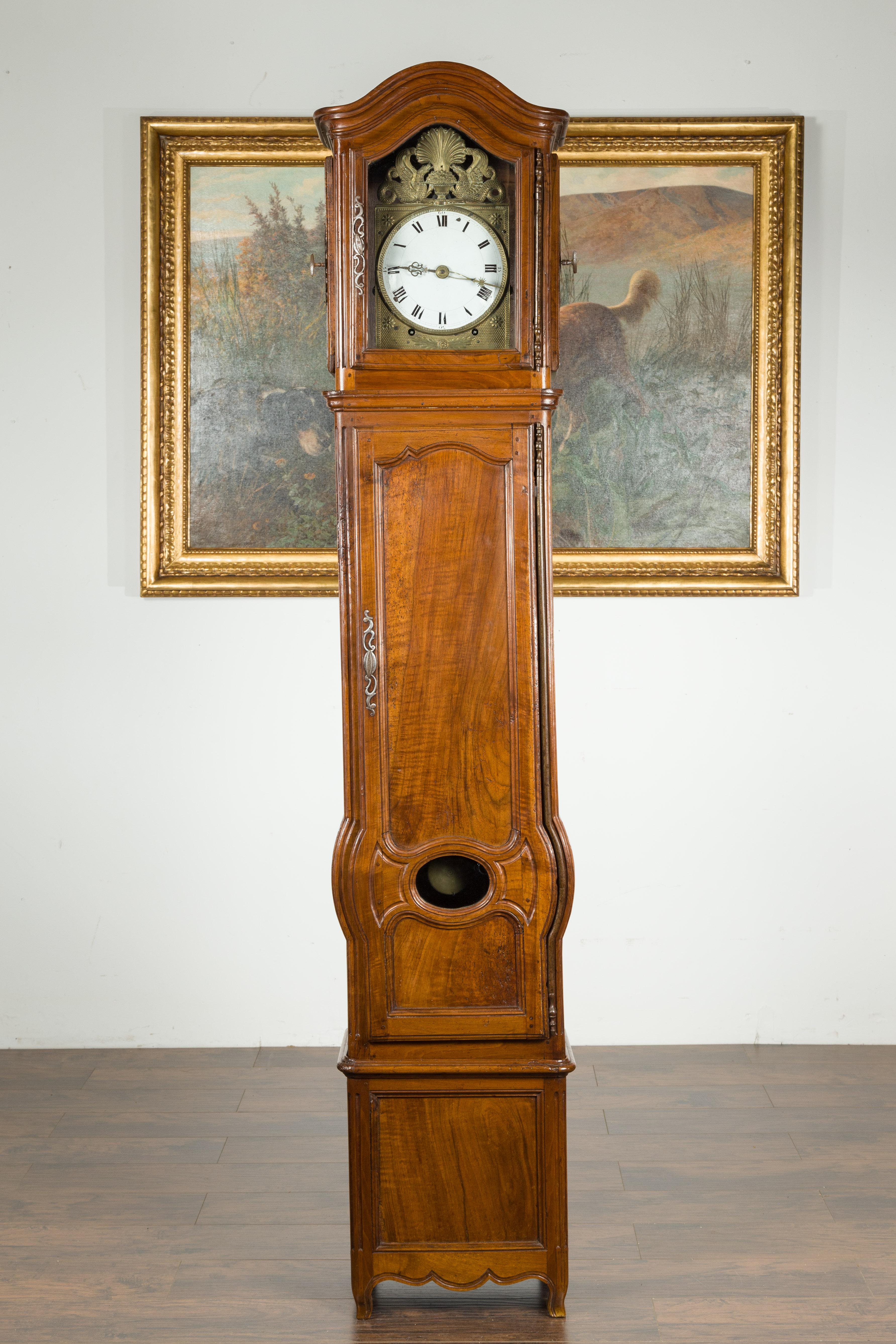 French 19th Century Walnut Bonnet Top Grandfather Clock with Griffin Motifs In Good Condition In Atlanta, GA