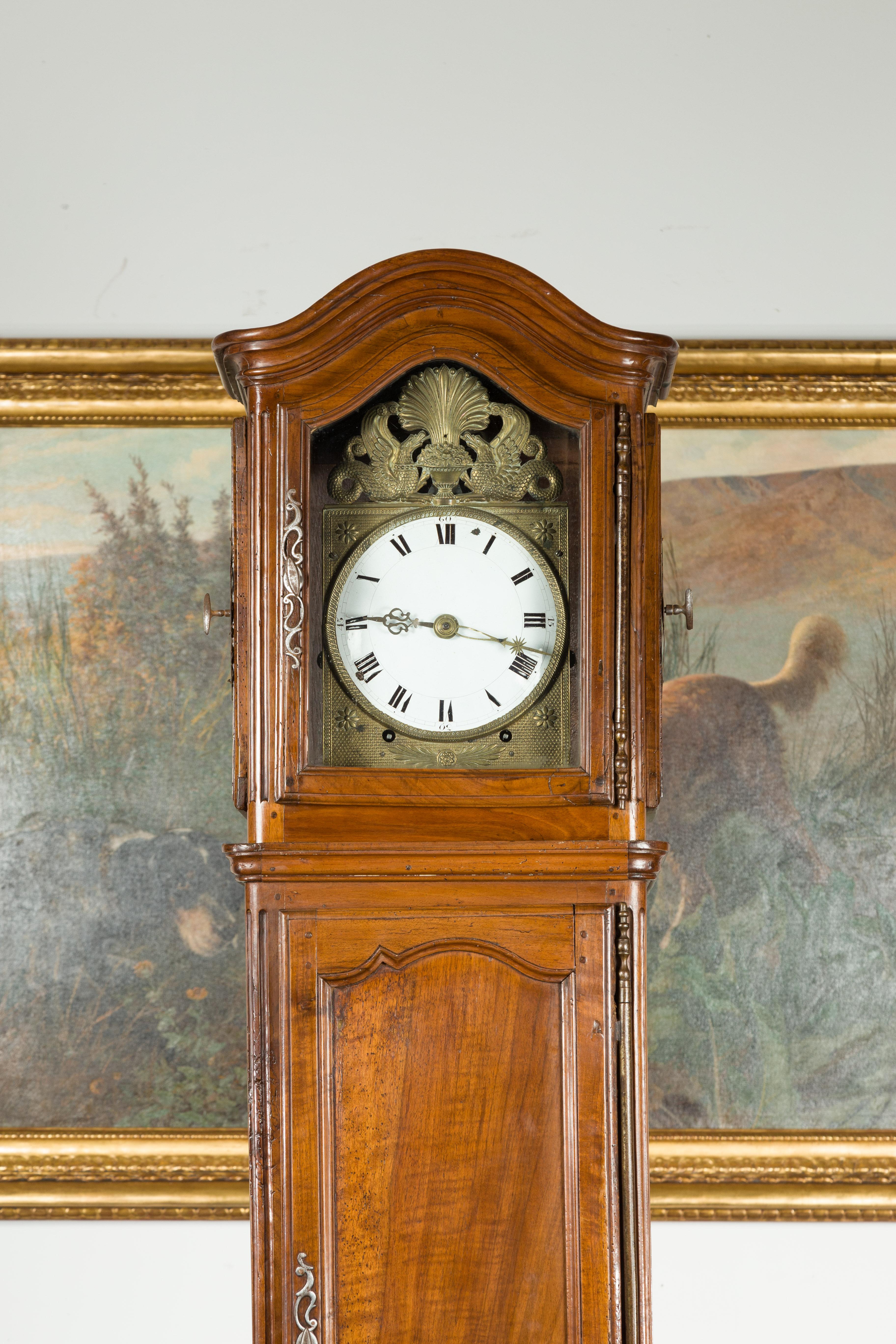 French 19th Century Walnut Bonnet Top Grandfather Clock with Griffin Motifs 1