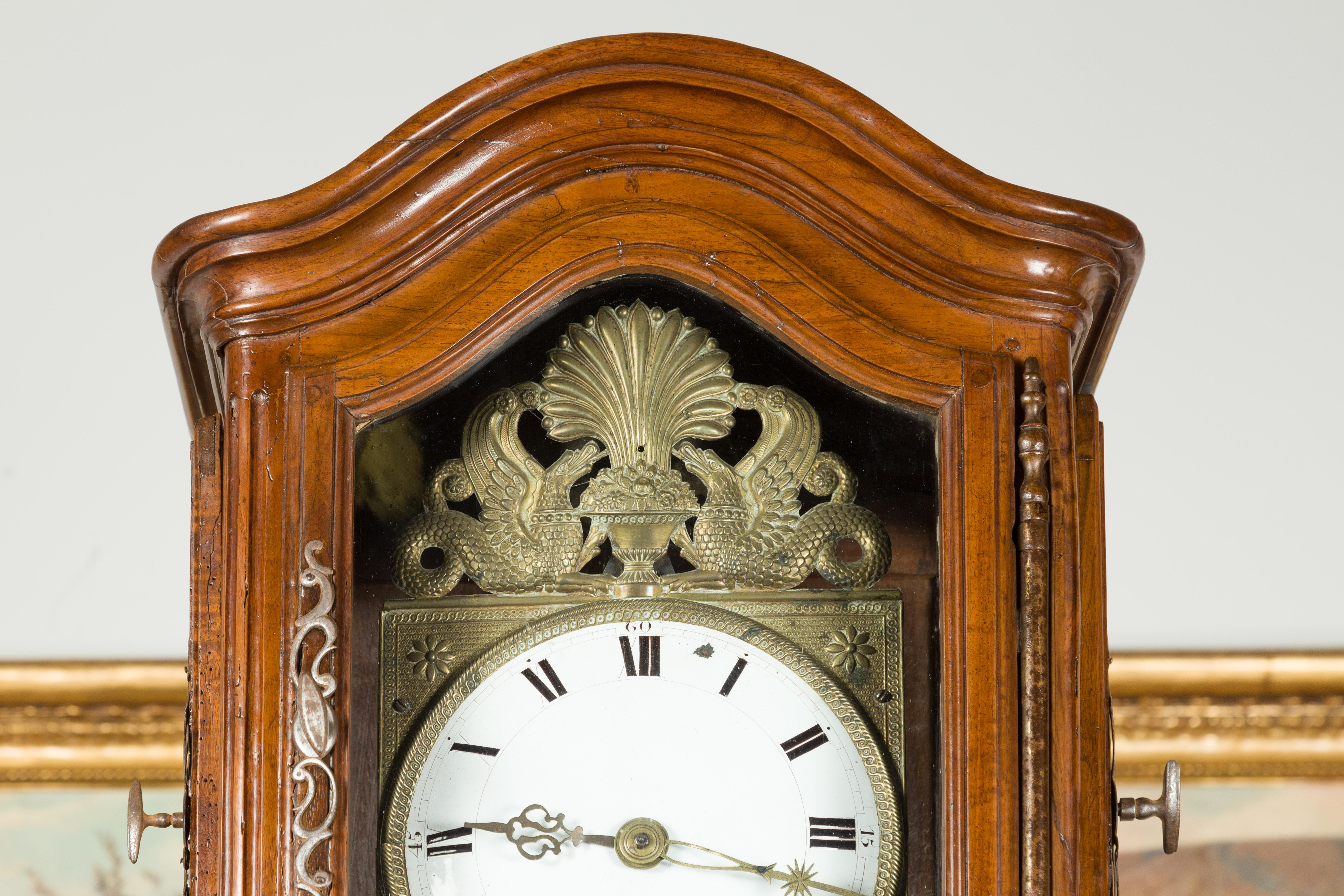 French 19th Century Walnut Bonnet Top Grandfather Clock with Griffin Motifs 4