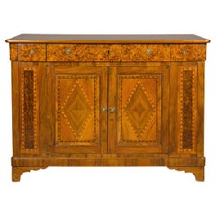 French 19th Century Walnut Buffet with Burled Drawers and Inlaid Doors